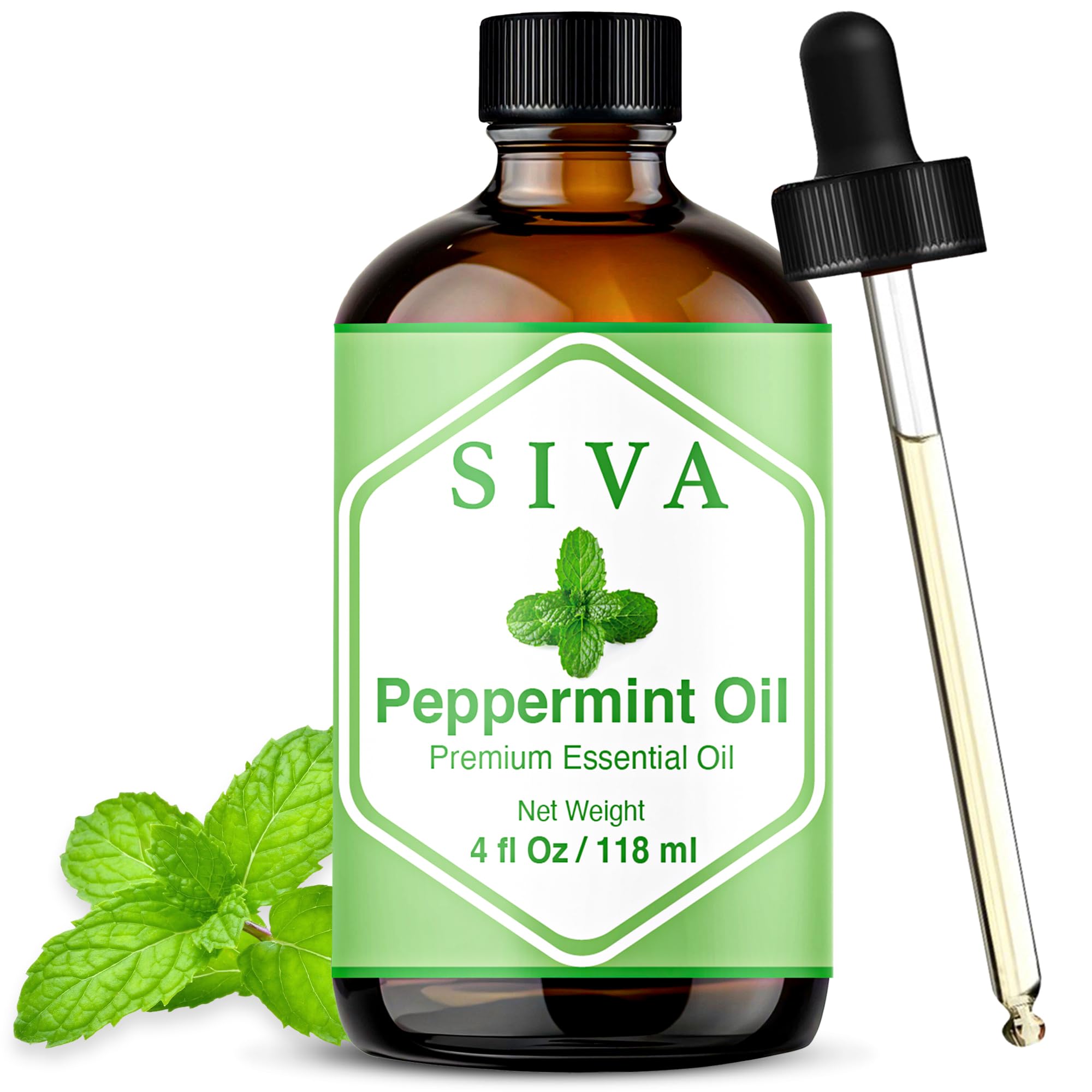 Siva Peppermint Essential Oil - 4 Fl Oz – Natural Peppermint Oil - for Diffuser, Face, Skin Care, Aromatherapy, Hair Care, Scalp and Body Massage - with Dropper