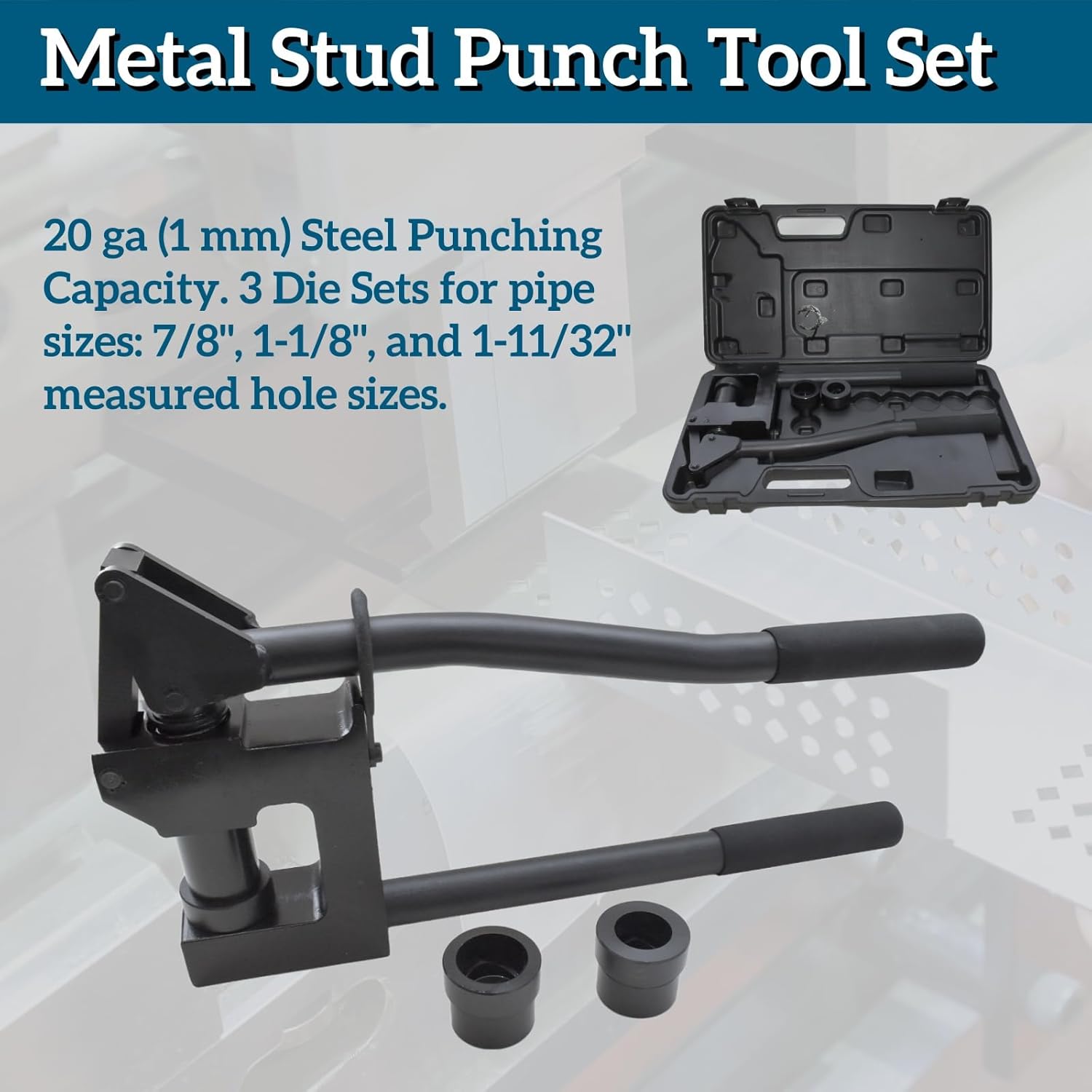 Manual Metal Stud Punch Tool Steel Stud Puncher Set Lever Sheet Metal Hole Punch Kit with Dies 7/8", 1-1/8", and 1-11/32" 20GA Mixizap