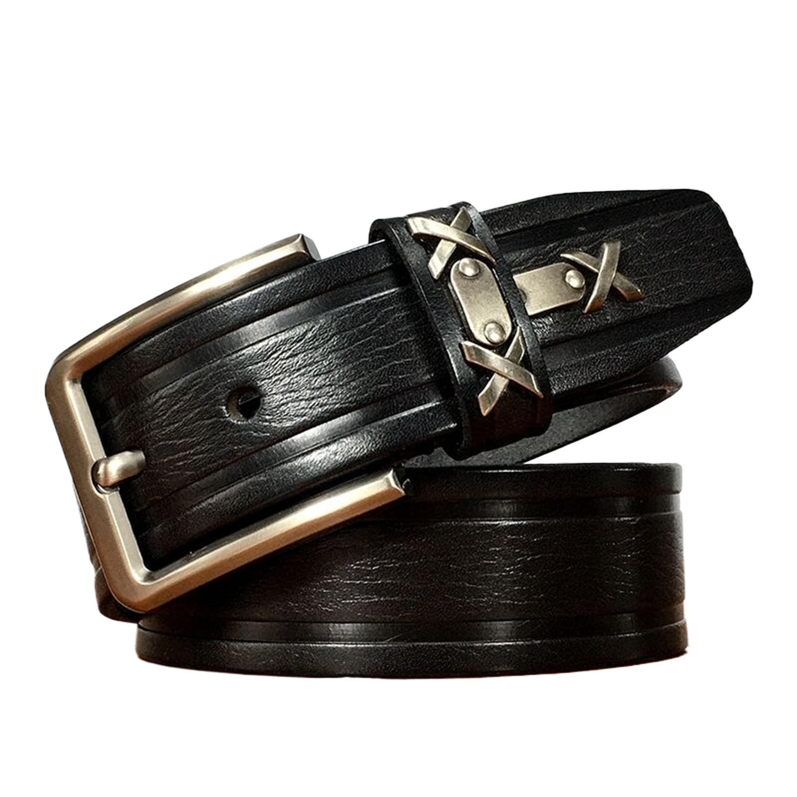 Cintura Uomo Fibbia ad Ardiglione, Cinture de Casual Western con Borchiata, Cintura de Rivetti Punk de Regolabile con Fibbia in Lega Metallica,Nero,120CM/47.3''