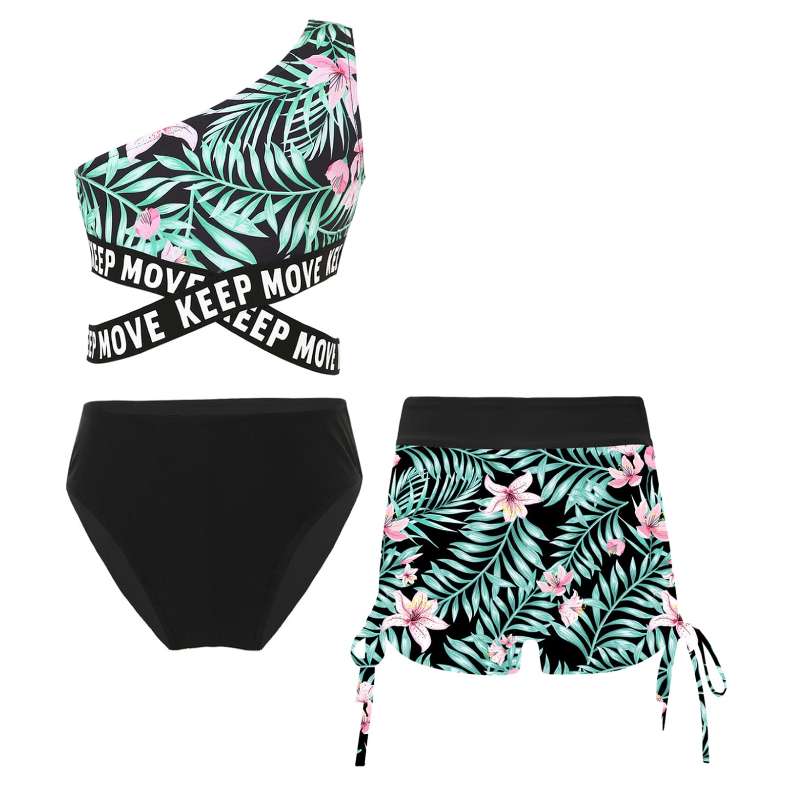 iiniim Traje de Baño de 3 Piezas para Niña Bañador Bikini Tankini Flores de Natacion Ropa Crop Top+Braga+Pantalónes Swimsuit 6-16 Años