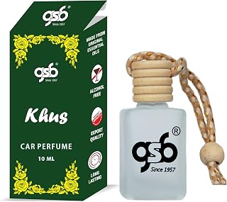 GSB Khus Hanging Car Air Freshener | Long Lasting Car Perfume | Natural And Real Fragrance In Glass Bottle With Wooden Dif... Price In India