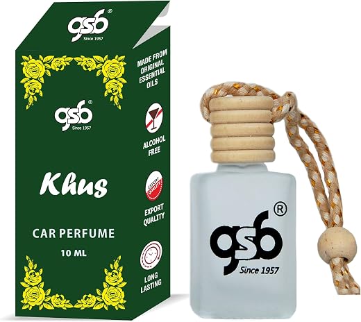 GSB Khus Hanging Car Air Freshener | Long Lasting Car Perfume | Natural And Real Fragrance In Glass Bottle With Wooden Dif...