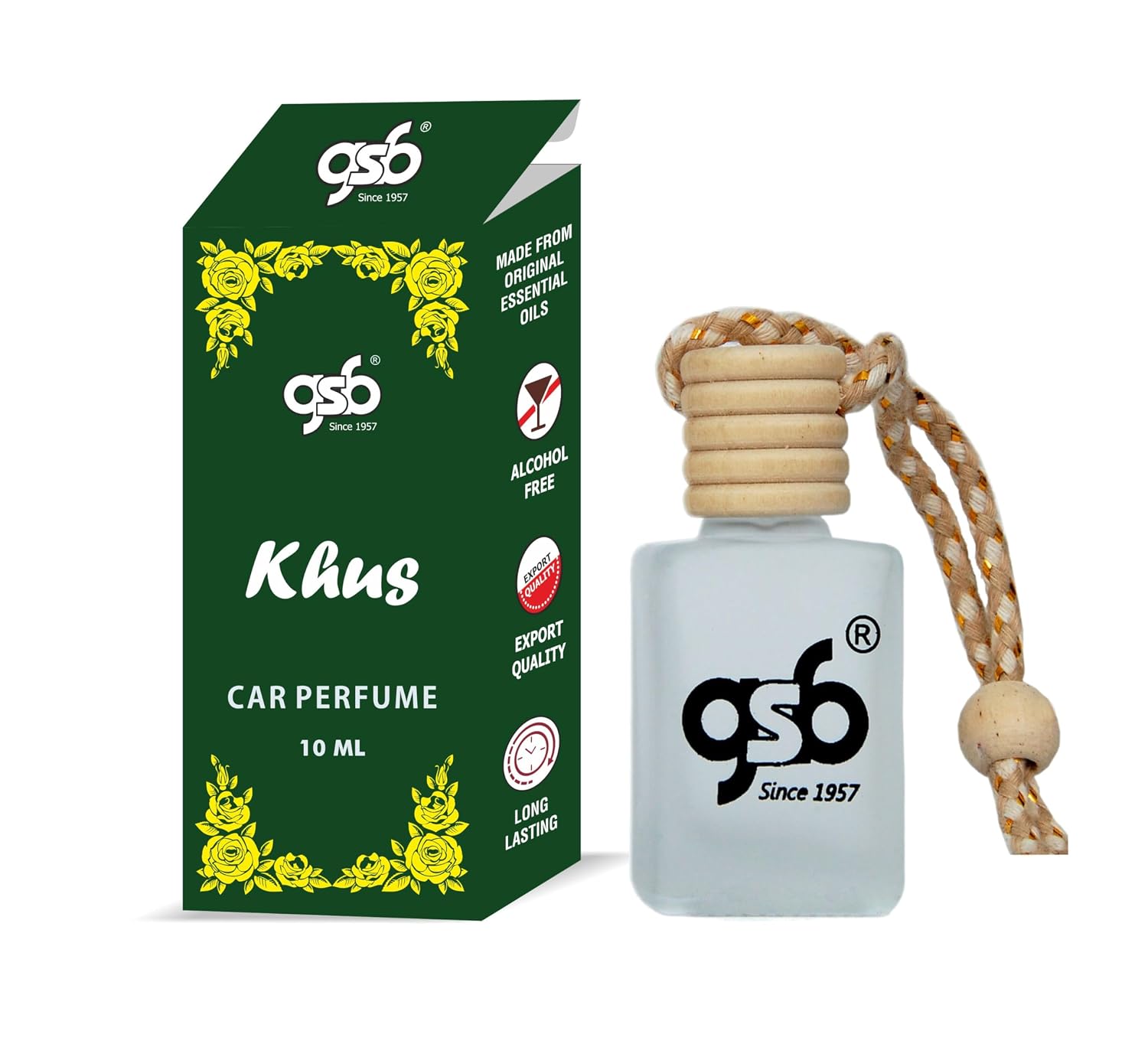 GSB Khus Hanging Car Air Freshener | Long Lasting Car Perfume | Natural And Real Fragrance In Glass Bottle With Wooden Dif... - Review, Price and Buying Guide