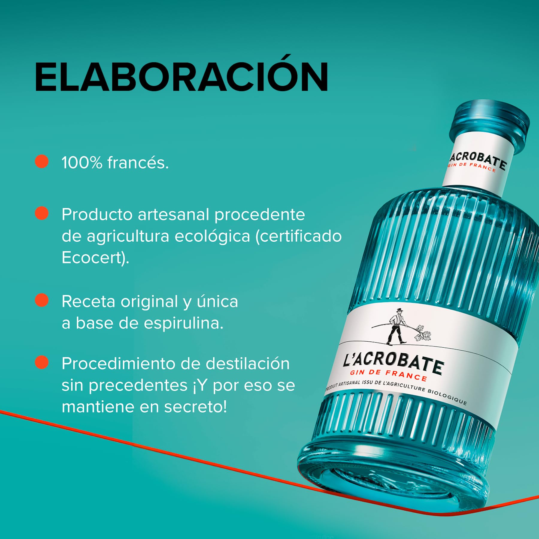 L'ACROBATE - Gin Bio - Gin Artesanal Francés - Origen Francia - Medalla de Oro 2021 Concours Mondial de Bruxelles - 44% De Alcohol - Botella 700 ml