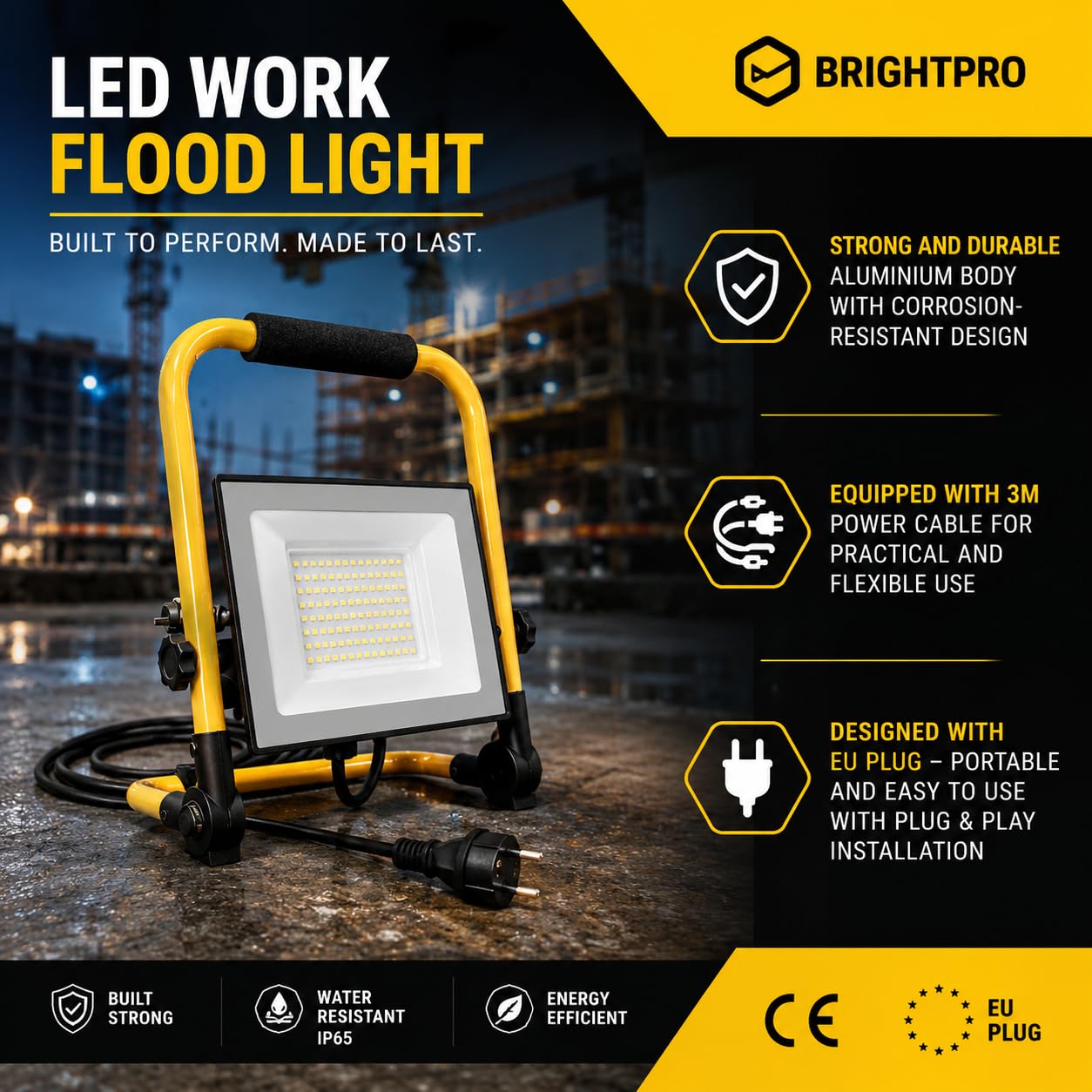 V-TAC Faretto LED da Cantiere 50W - [ CHIP CREE LED - ALTE PERFORMANCE ] - 4270 Lumen - Impermeabile IP65 - Faro Led da Esterno per Lavori e Garage - Cavo 3M - Staffa Piehevole - Luce Naturale 4000K