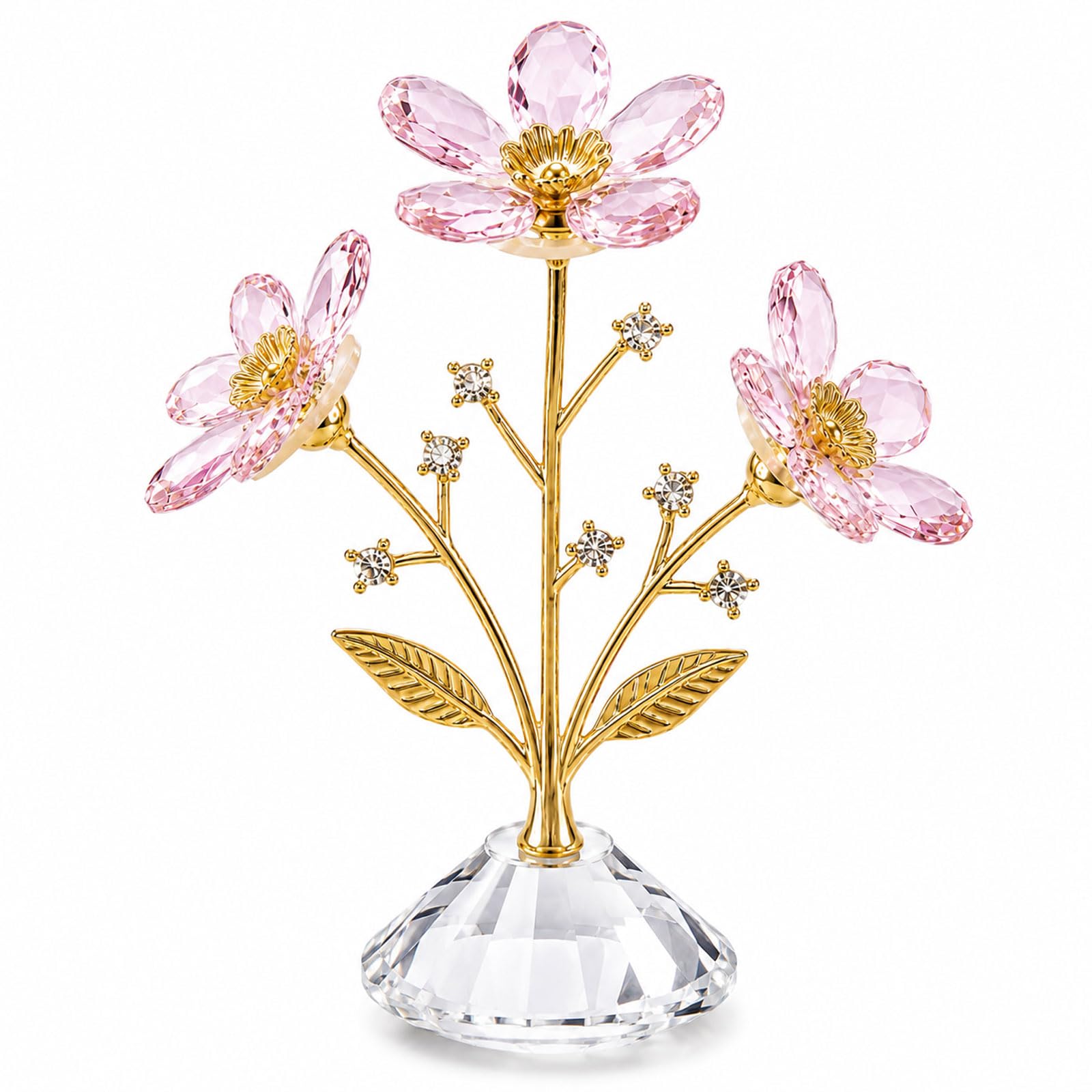 Fleur en cristal rose K9 objet déco bureau et maison avec socle en verre taillé