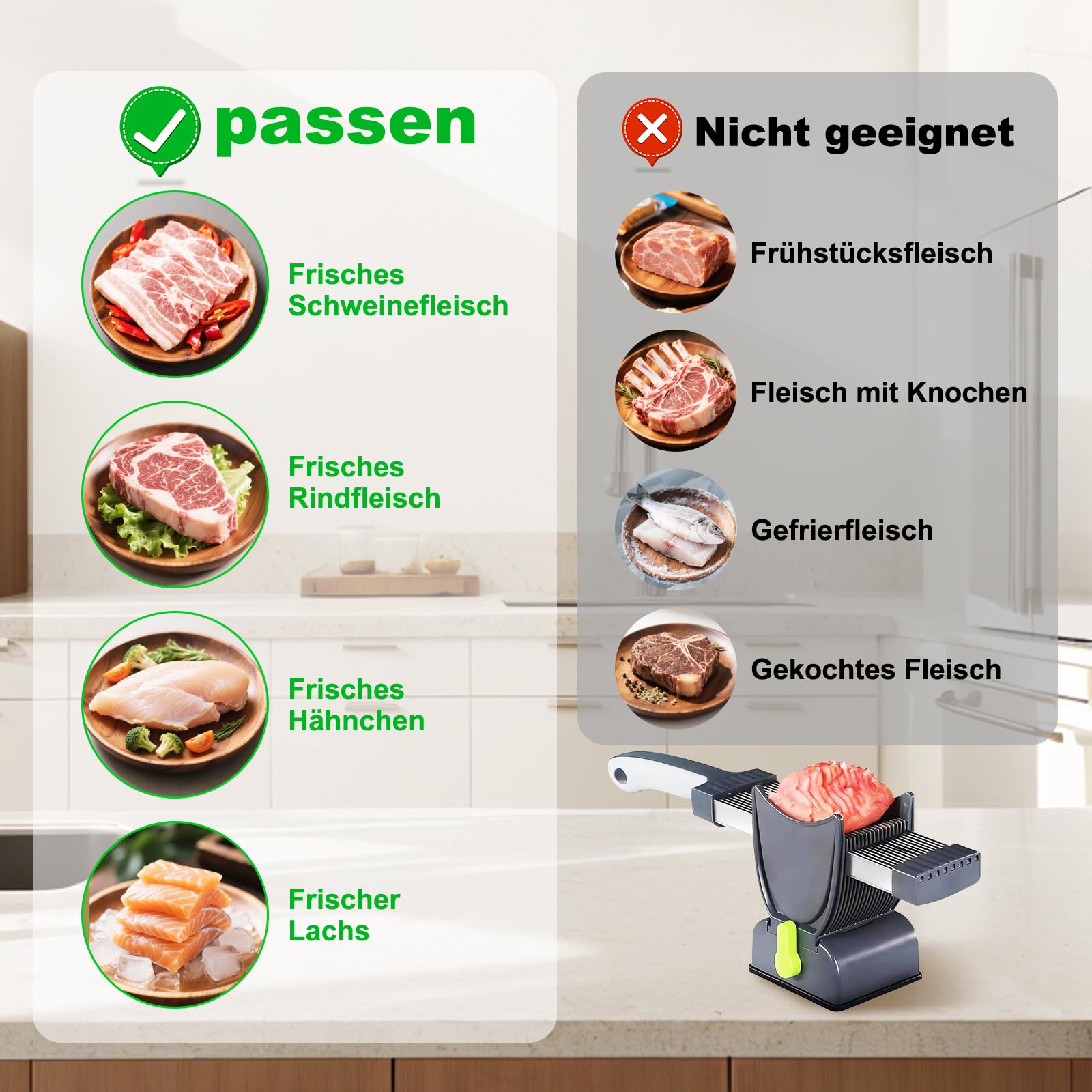 Fresh Meat Slicer mit fach Dickeneinstellung,Edelstahl Fleischschneidemaschine für Frisches Rohes Fleisch,Fisch,Gemüse,Mit 2 Klingen, Saugfuß & Bürste