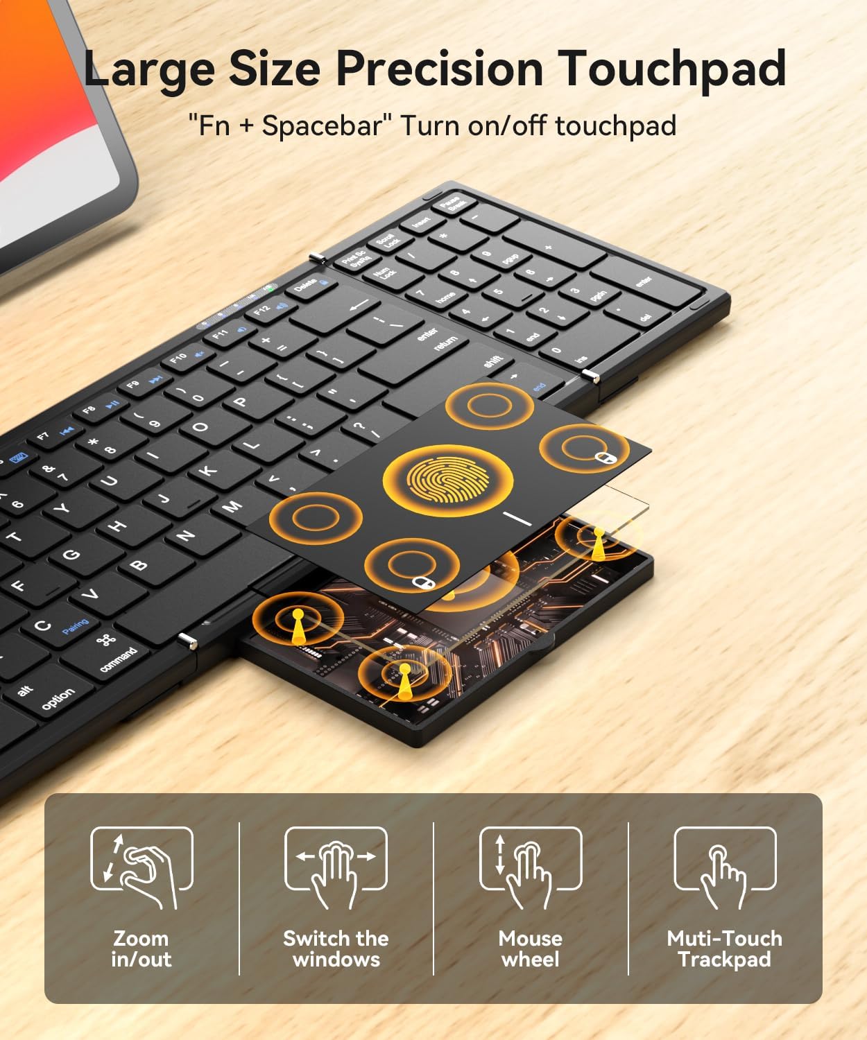 Foldable Bluetooth Keyboard with Touchpad & Number Pad, 3 Devices (2.4G+BTx2) Fold Portable Keyboard, Full Size Key Large Trackpad Wireless Travel Rechargeable Keyboards for Android Windows iOS Tablet