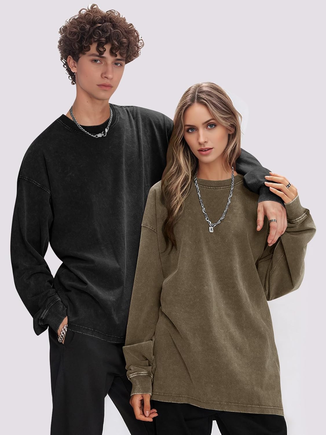 YKR Women's Oversized T Shirt 3 Pack Long Sleeve Acid Wash Vintage Sweatshirt Streetwear Heavy Weight Cotton Unisex Tops - Image 6