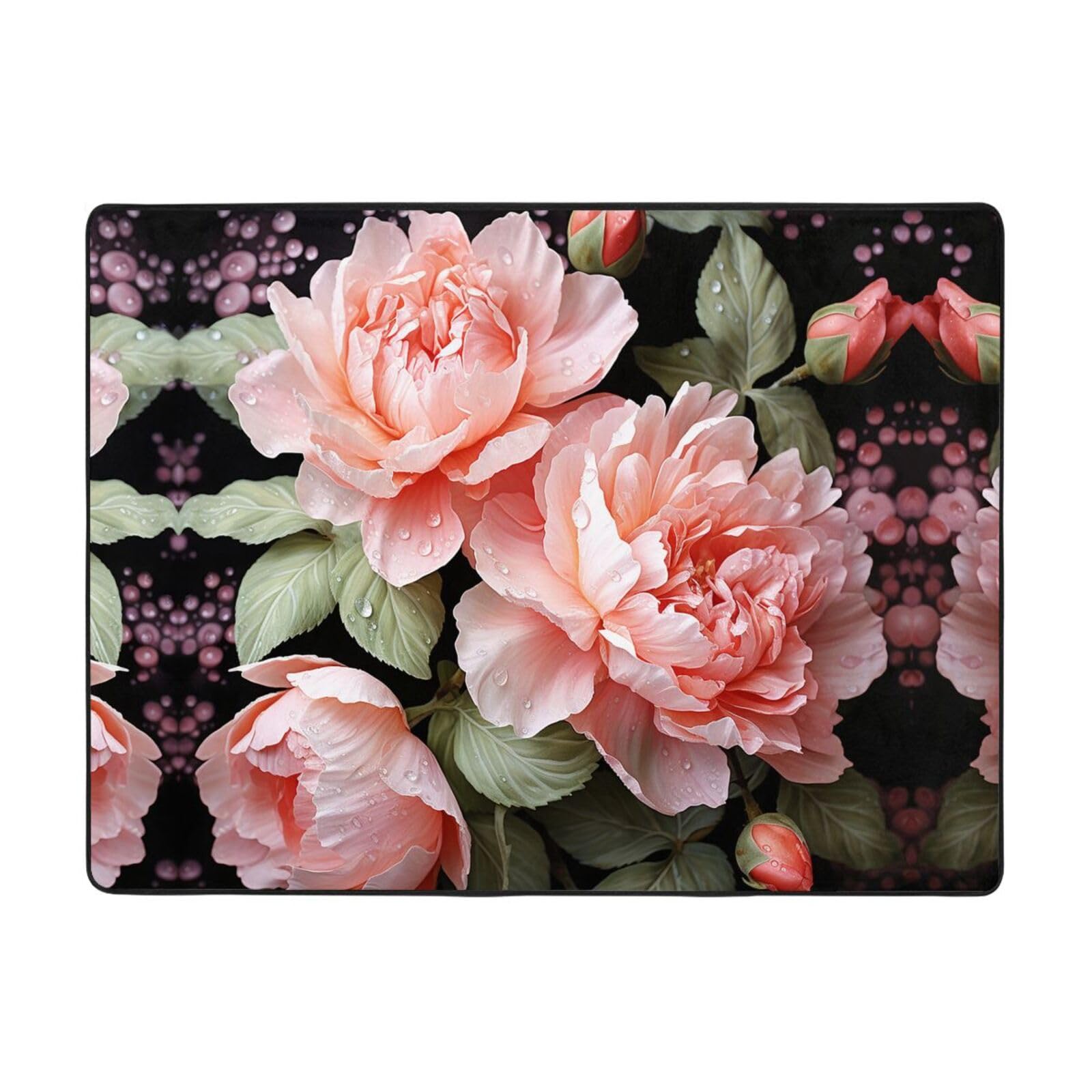 Felpudo antideslizante de franela con diseño de flores de peonía, 160 x 122 cm, para puerta delantera y trasera, para interiores y exteriores