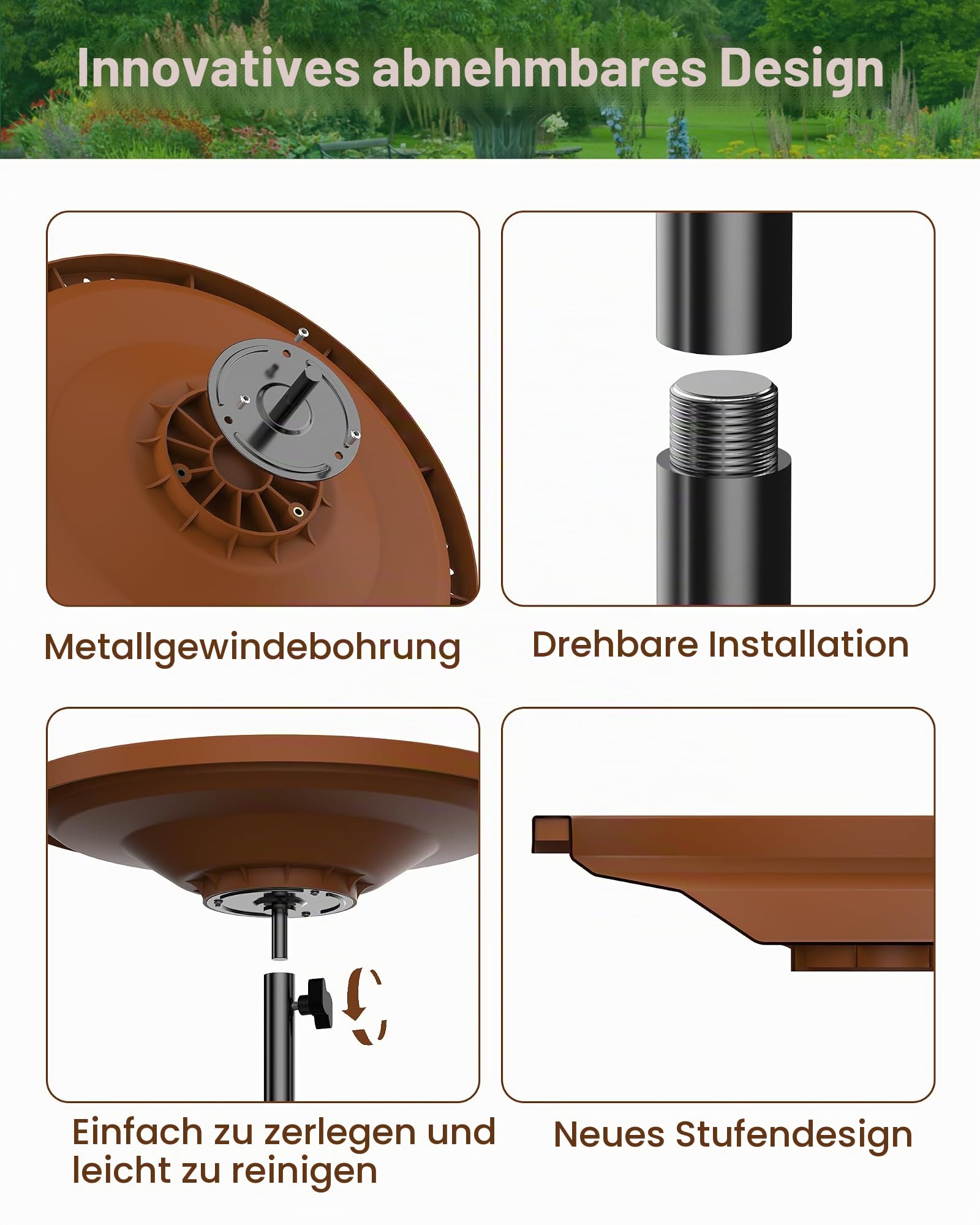 Vogeltränke für den Außenbereich, strapazierfähig, abnehmbare Vogeltränke für den Garten, Vogeltränke, Spa und Vogelfutterstation mit Metallpfahl, Garten, Kreis-Stil (braun)