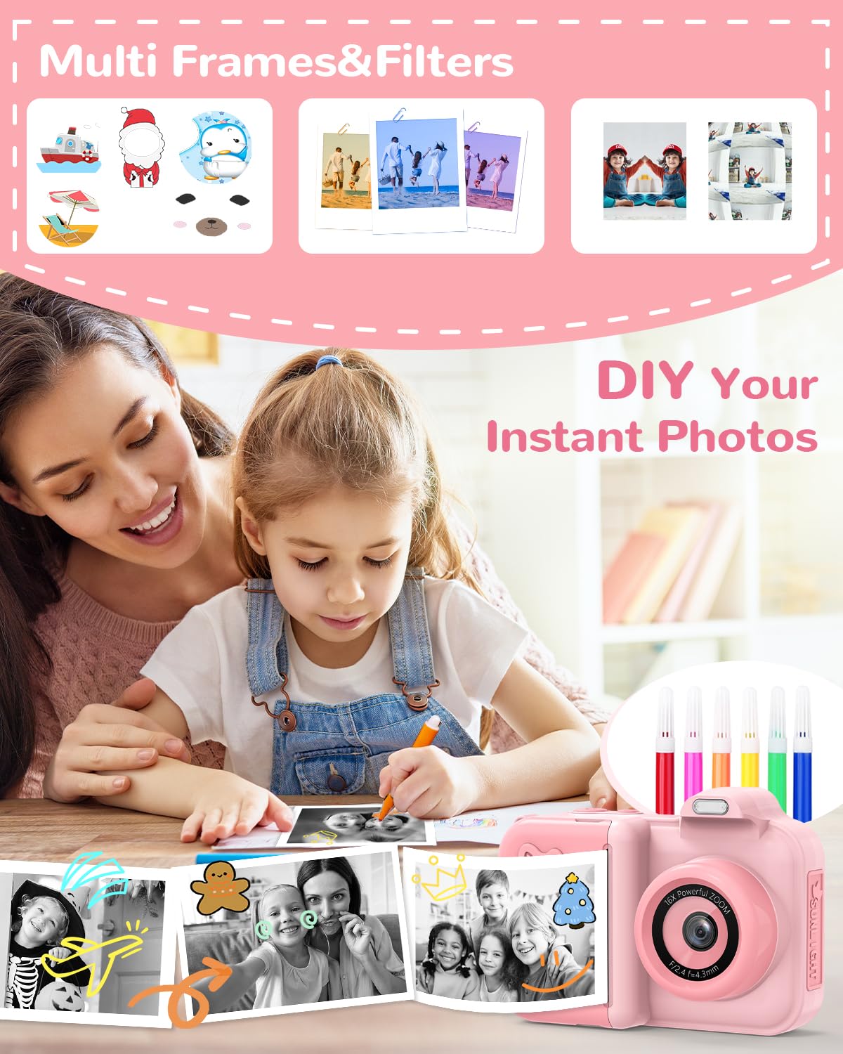 Camara Fotos Infantil Instantanea, 2,4'' Cámara Digital con Camara Dual, 24MP/1080P HD Video Cámara, Tarjeta 32GB, 5 Rollos Papel de Impresión, Regalos Juguete para Niños y Niñas de 3-8 Años Rosa