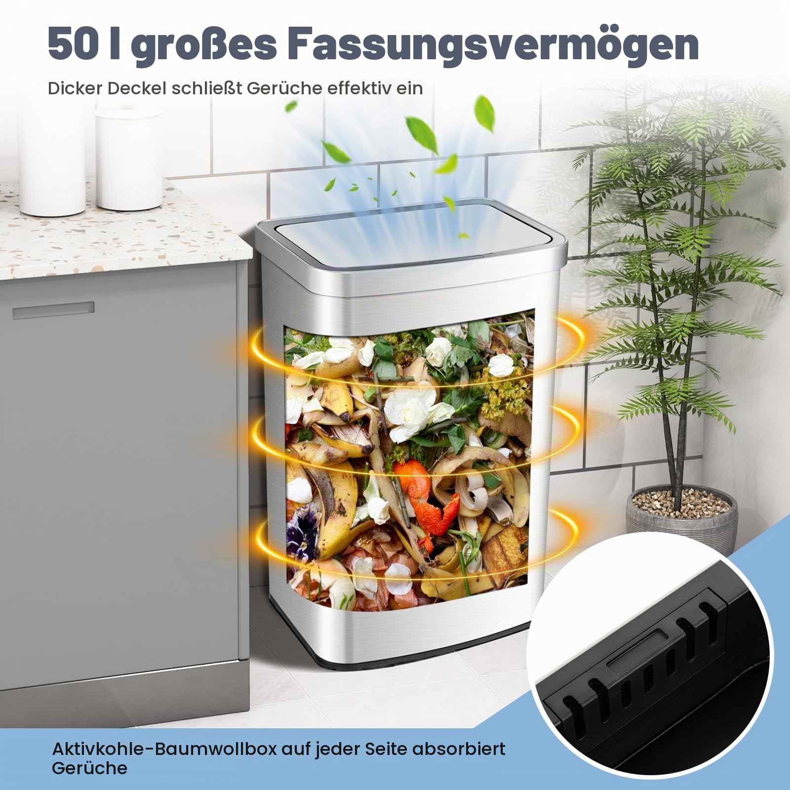 GIANTEX Mülleimer mit Sensor 50 L, Abfalleimer Automatisch Sensor, Müllbehälter mit sanft schließendem Deckel, Küchenmülleimer aus Edelstahl, Küchenabfalleimer Treteimer für Küche Büro, 39x29,5x60 cm