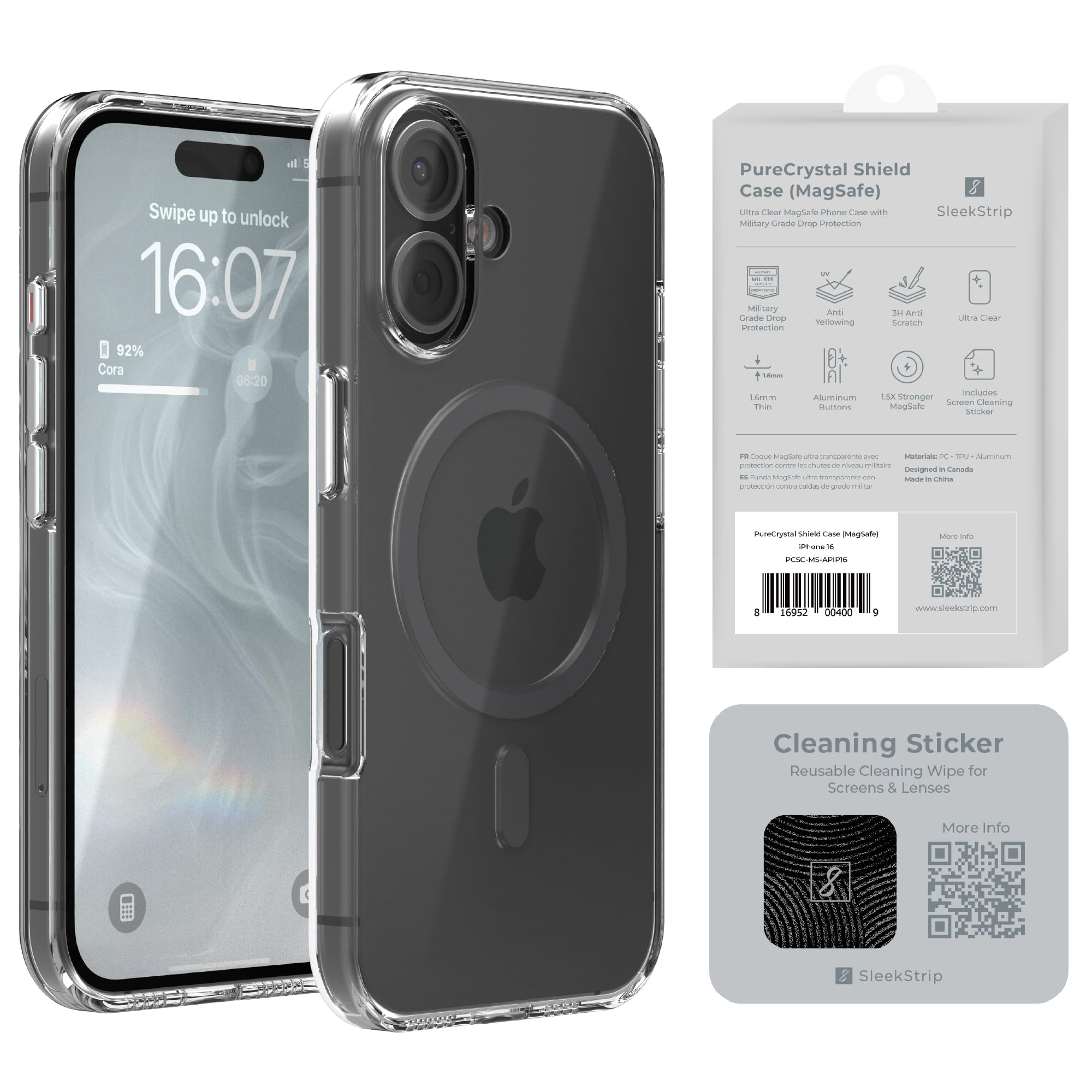 SleekStrip UltraClear Magnetic Case for iPhone 16 Military Grade Drop Protection Anti Yellow for MagSafe Best Protective Phone Cases with Magnet for i