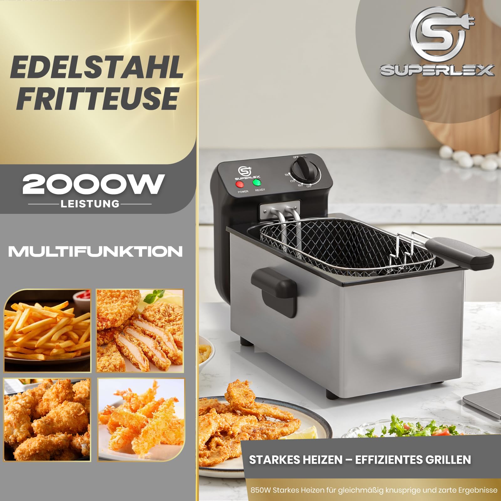 Fritteuse Elektrische 2000W Edelstahl Fritteuse mit Öl 3L | Antihaft Beschichtung Einstellbare Temperaturkontrolle 130-190°C Überhitzungsschutz Kaltzonen Funktion Leicht Zu Reinigen