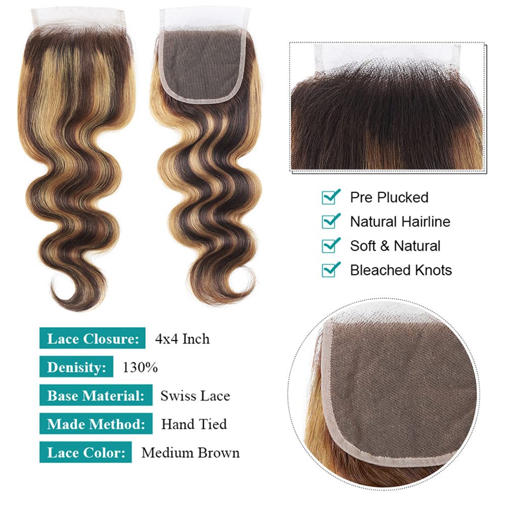 Brown Highlight Lace Closure Pre Plucked With Baby Hair Brazilian Virgin Hair Raw Remy Human Hair Ombre 18 Inch Swiss Lace Grade 9A High Density 4/27 Closure
