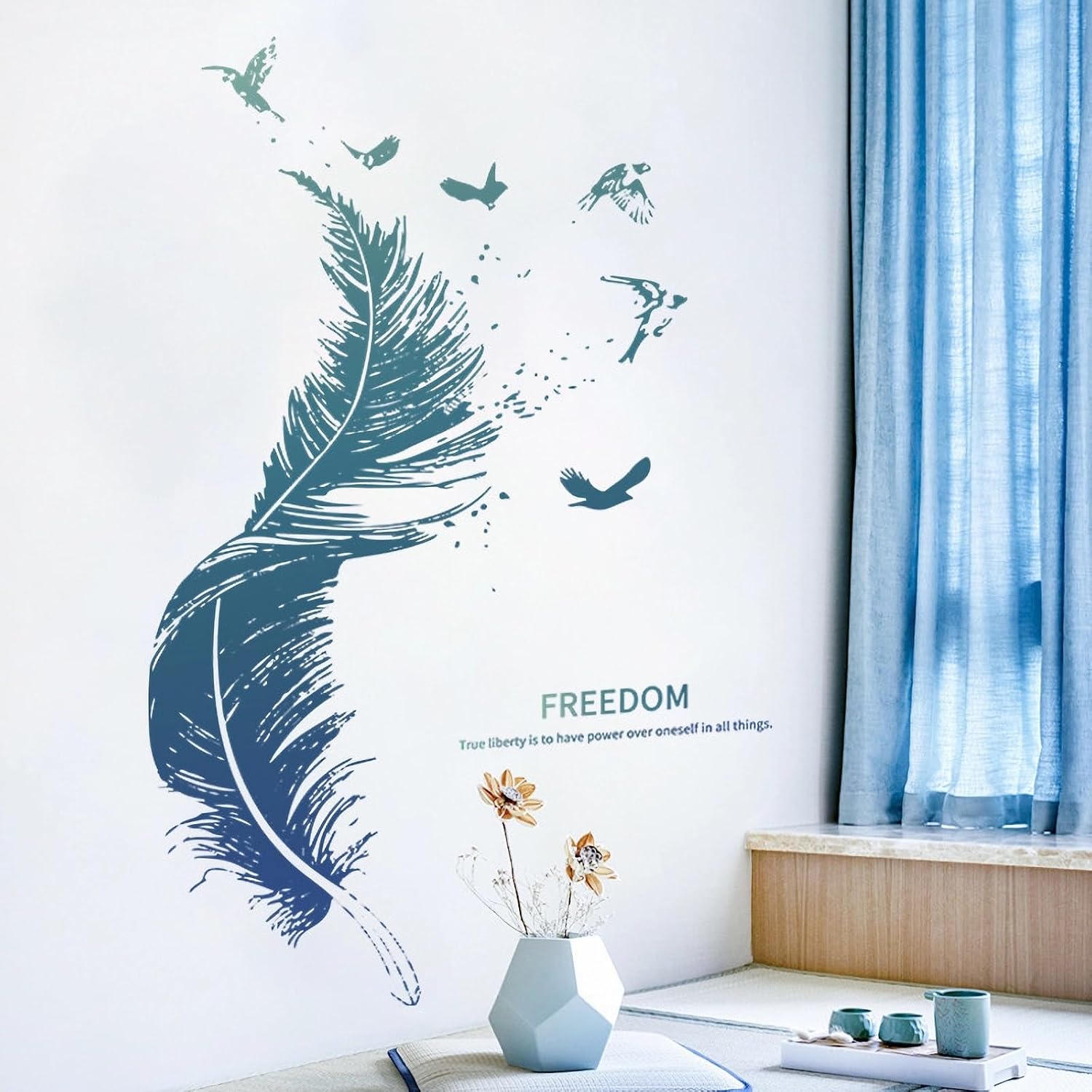 Blue Feather Flying Bird Wall Stickers Freedom Plume Wall Decals | Removable Vinyl Peel and Stick for Living Room Bedroom Nursery Art Home Decor