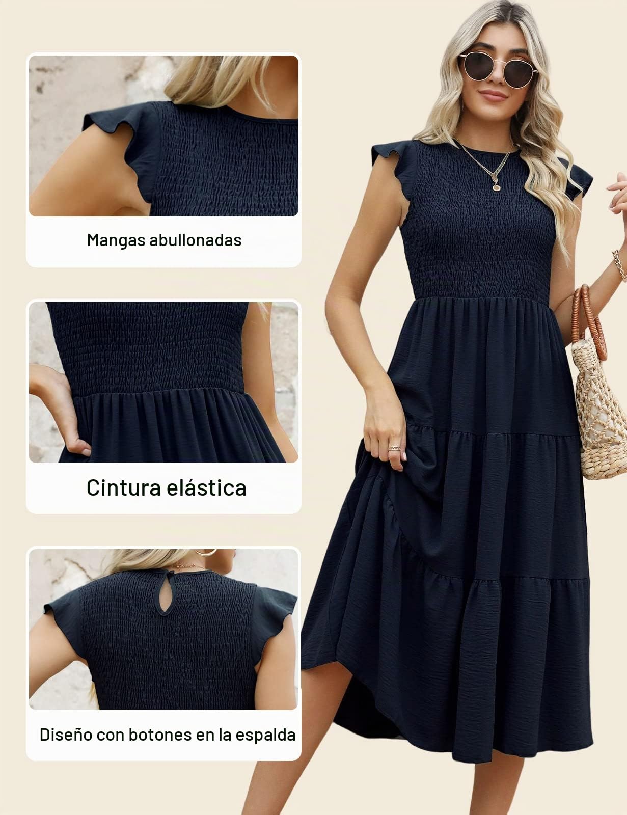 CMTOP Vestido Mujer Verano Largo Vestido Playa Manga Volante Cuello Redondo Sólido Elegante Vestidos Largos Cintura Elástica Casual Vestido en Capas Línea A