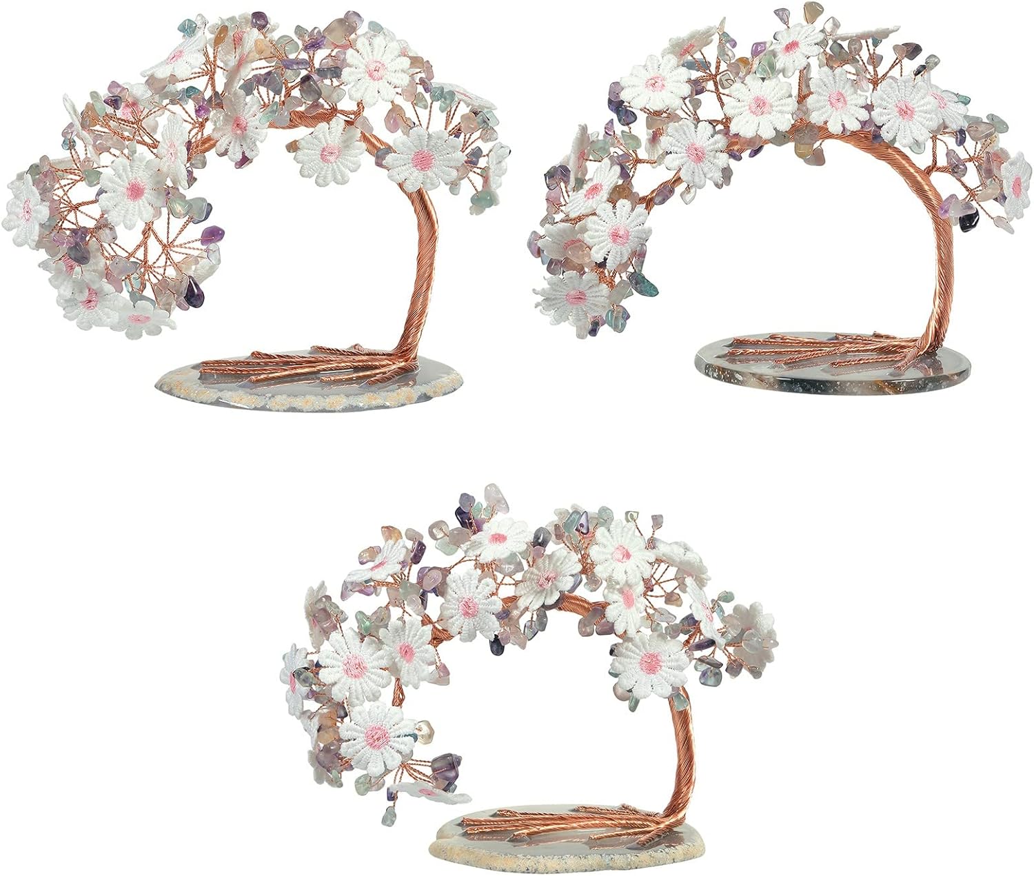 mookaitedecor Natural Fluorite Crystal Tree with Agate Slice Base, Embroidered Lace Floral Money Tree for Home Office Desk Decoration, 4.5-5.2 Inch High