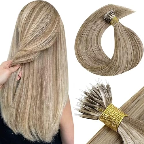 LaaVoo Nano Ring Hair Extensions Highlight Light Brown Mix Golden Blonde Nano Hair Extensions Human Hair Cold Fusion Balayage Nano Bead Hair Extensions Human Hair 50g/50s 16 Inch