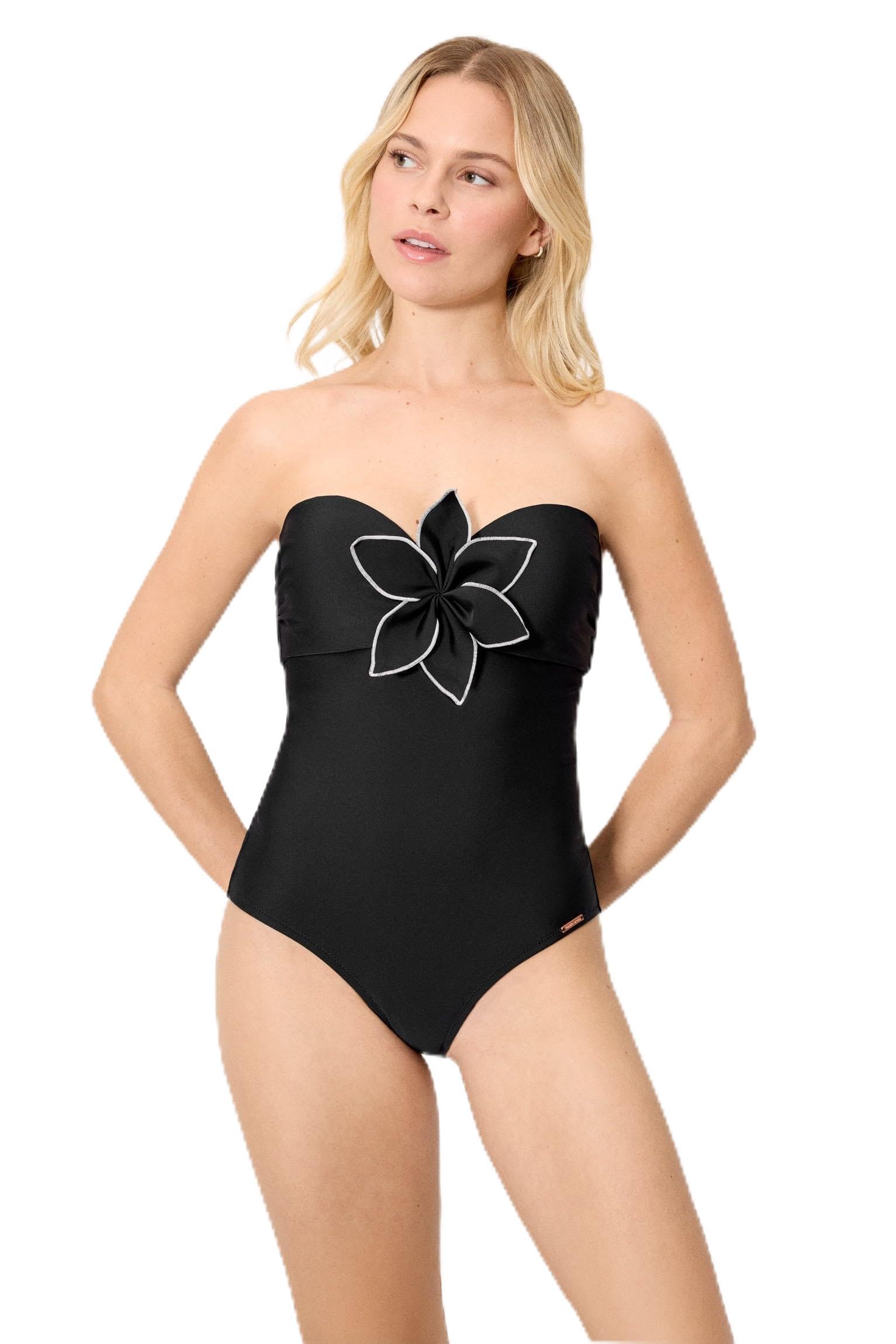 YSABEL MORA Bañador Reductor Bandeau con Aro Copa B. Diseño Elegante con Estructura Compresiva y Flor 3D. Ajuste Favorecedor sin Tirantes para Verano .Colección Gelato.