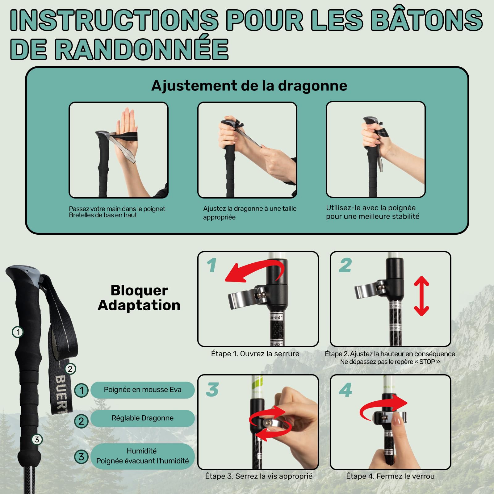 Bâtons de randonnée en Fibre de Carbone, Lot de 2, bâtons de Marche légers, réglables 64-135 cm, Pliables, bâtons de Nordic Walking pour Hommes et Femmes, adaptés au Camping et à la randonnée