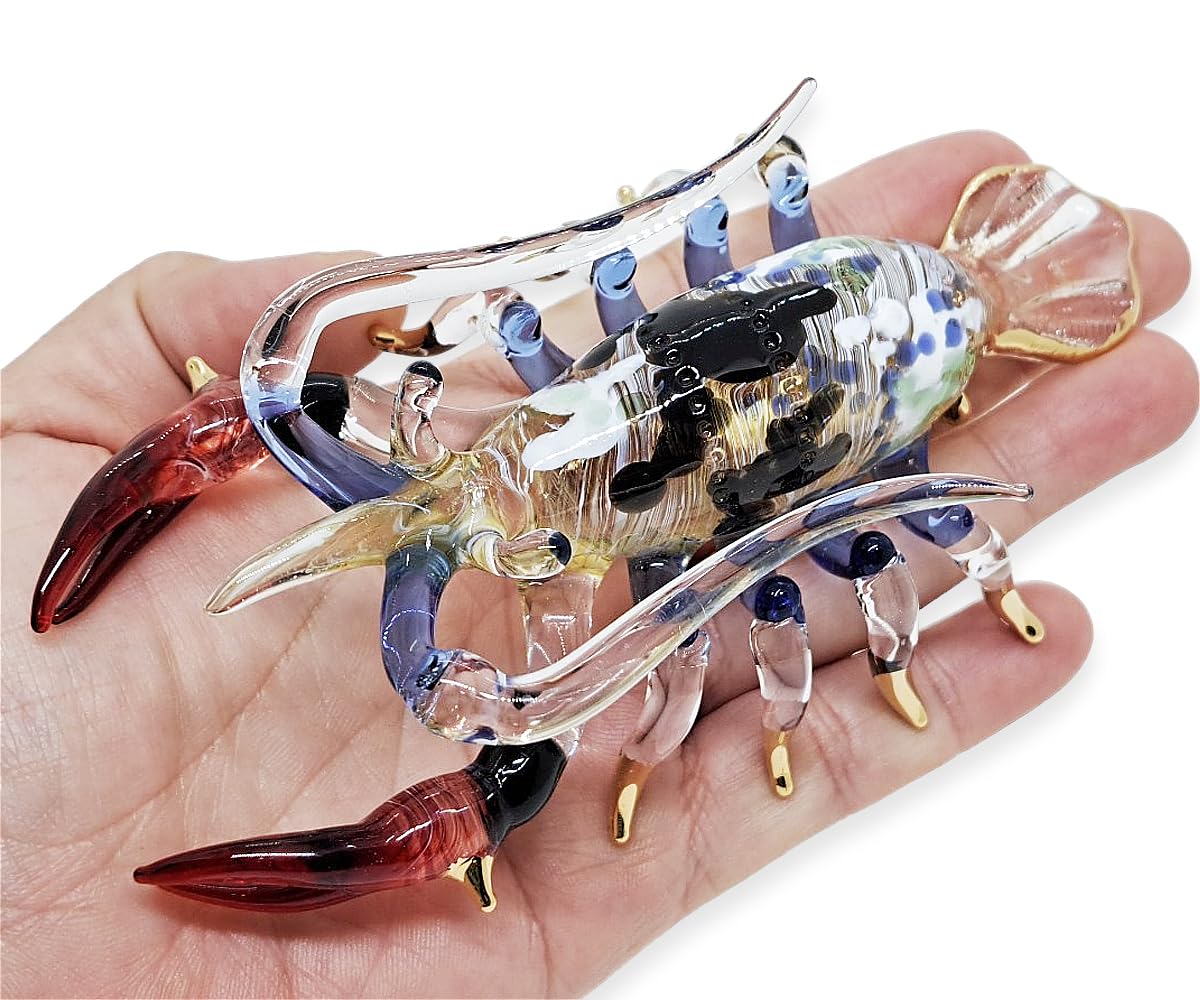 Mr_air_thai_Glass_Blown Tiny 5" Clear Gold Multicolor Lobster Figurine - Miniature Hand Blown Glass Sea Creature Marine Shrimp Prawn Crystal Animals Decorative Collectible Figurines Home Décor Gifts