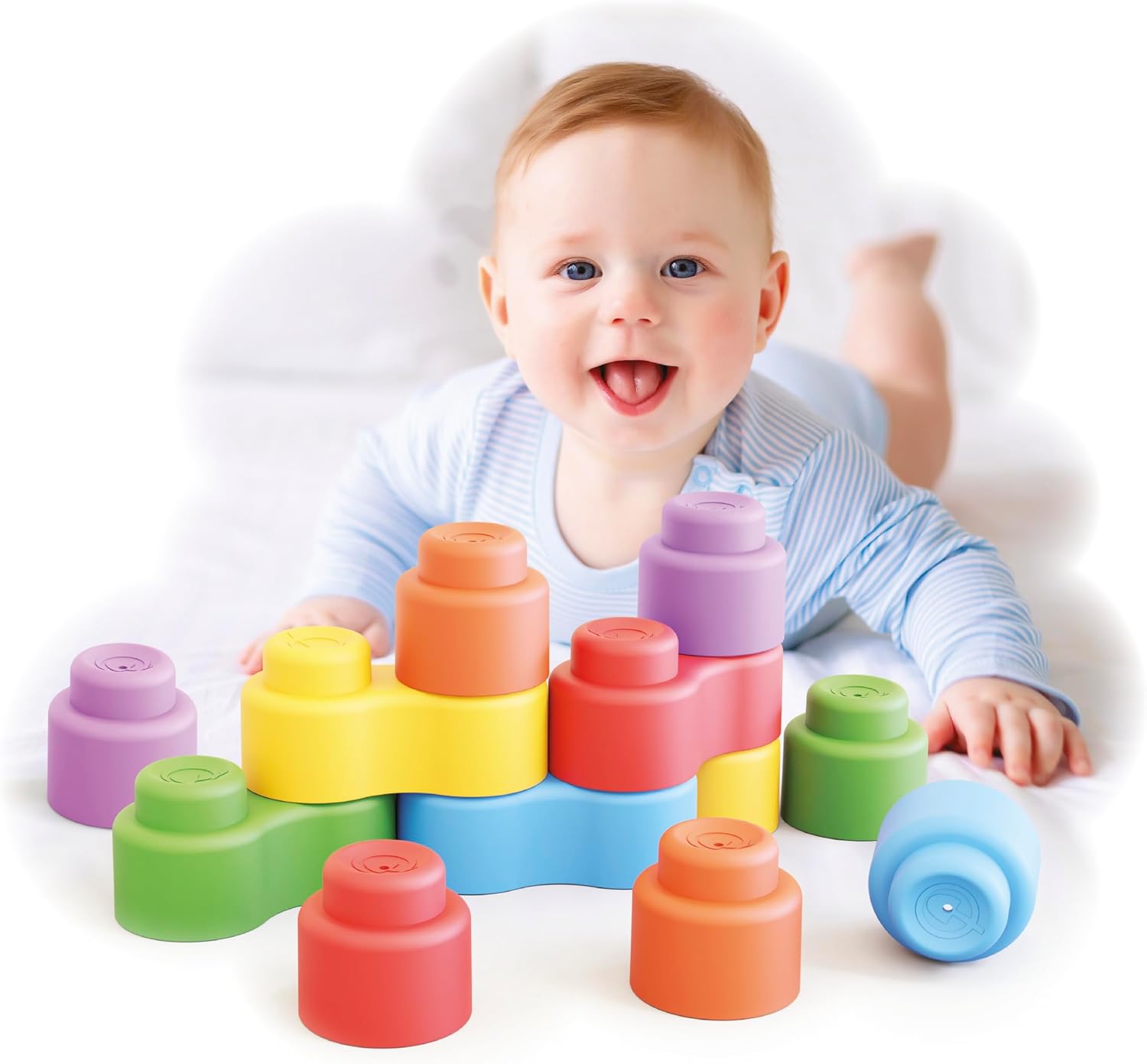 Quercetti: MOMY Soft - 12pc Blocks Set, Colorful Washable Shapes, Sorting & Stacking, Construction Toy, Safe Early Development Play, Baby-Toddler 6mo+