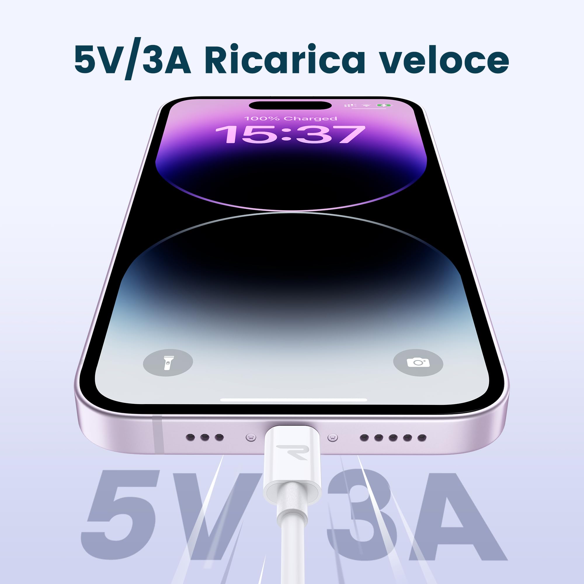 RAMPOW Cavo iPhone, Cavo iPhone USB Cavo Lightning Ricarica, Cavo Caricatore iphone Carica Rapida [Certificato MFi C89] Compatibile per iPhone 14/14 Pro/13/12/11/Pro Max/8/7/XR, iPad - Bianco/1M