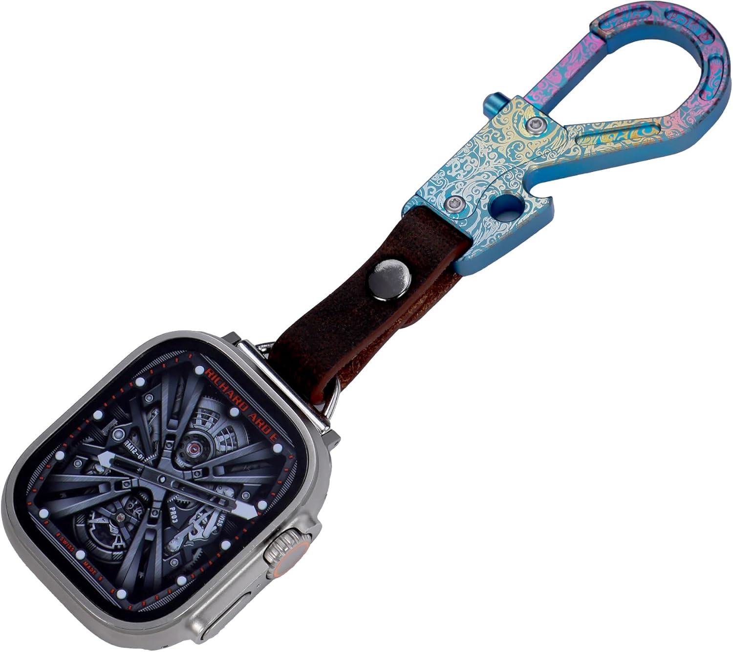 Titanium Leather for Apple Watch fob1-9SE45s10Ultra49mm46 11Strap with Clip Keychain Backpack Pet Dog Band pocket