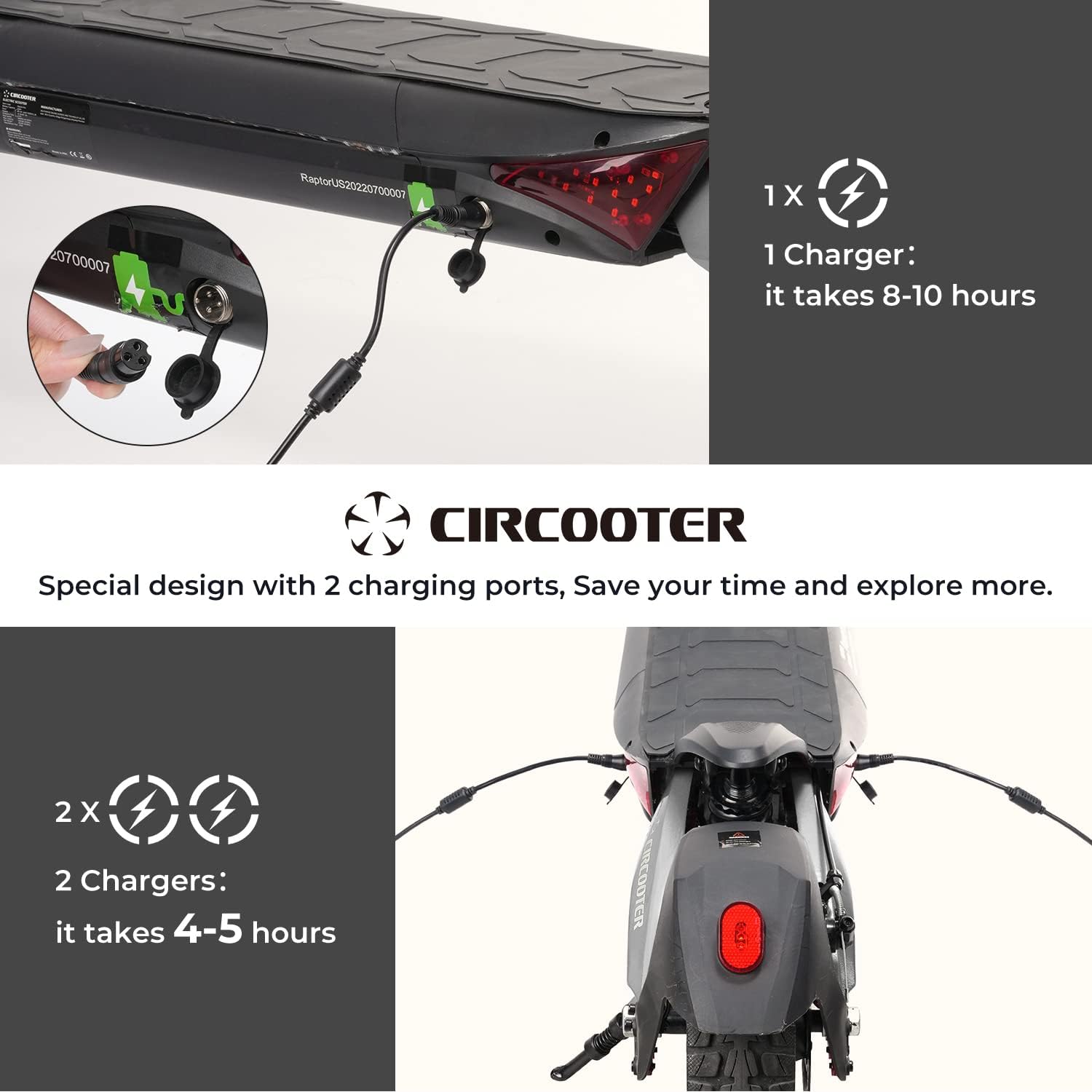 Circooter Raptor Pro with dual charging ports and two chargers