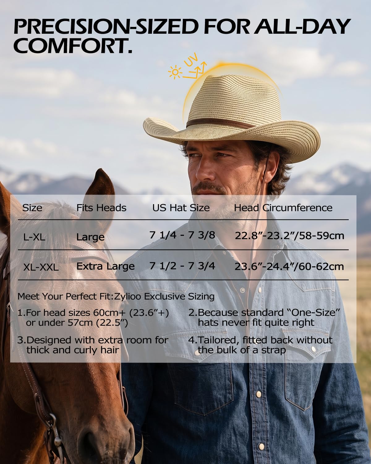 Zylioo Chapeau de cowboy en paille avec mentonnière fixe - Chapeau de soleil western UPF50+ - Chapeau de cowgirl d'été pour la plage et la randonnée