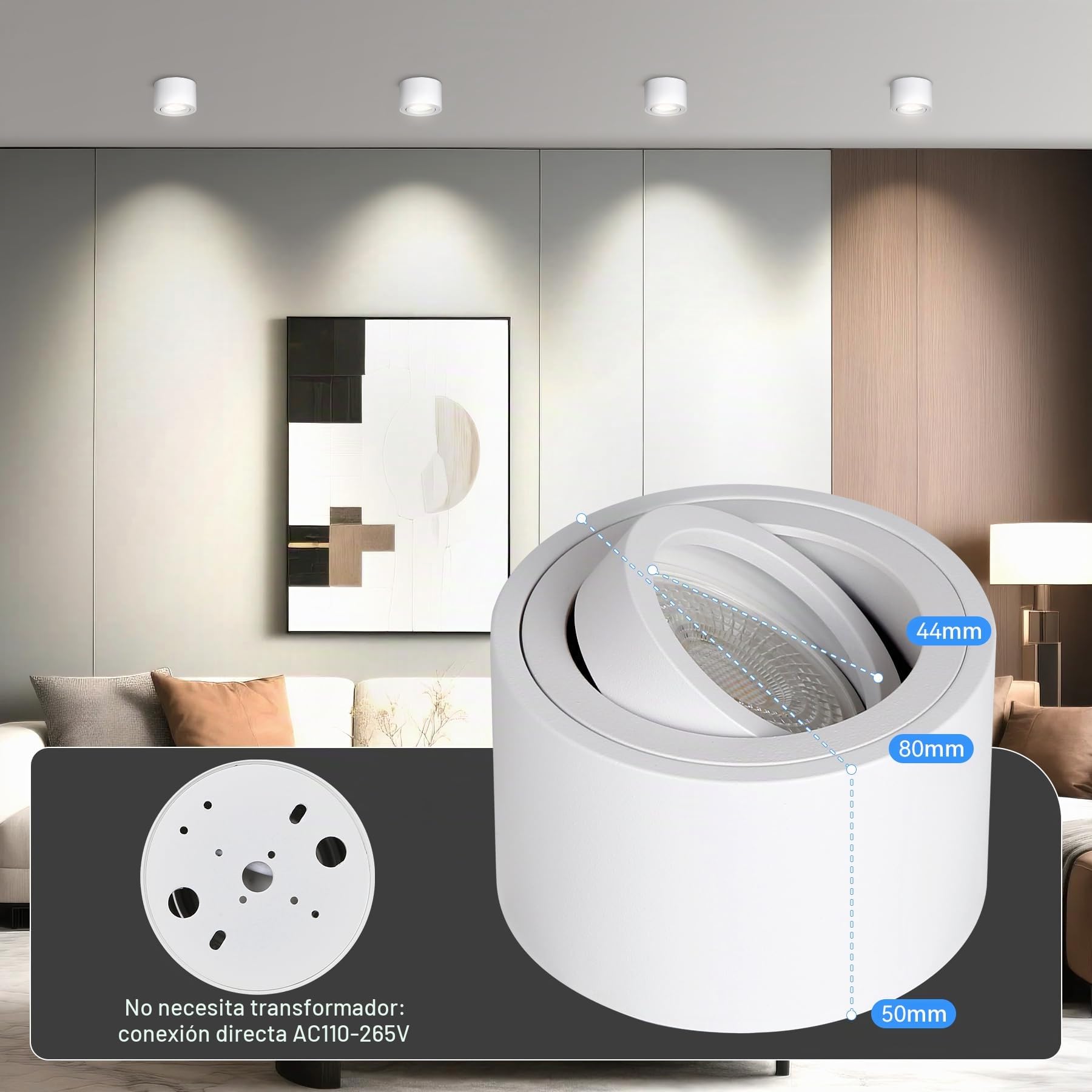 CANMEIJIA Foco LED de Techo Superficie 7W Plafón Orientable 3 Tonos 4 Pack | Foco LED de techo con diseño orientable de 30 grados para iluminar rincones específicos y sustituir downlights empotrados