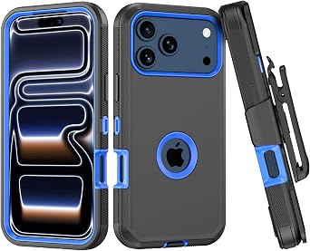 Compatible with iPhone 17 pro Case, with Belt Clip Holster Heavy Duty Rugged Shockproof Full Body Protection Kickstand Cover for iPhone 17 pro PhoneBlack+Blue