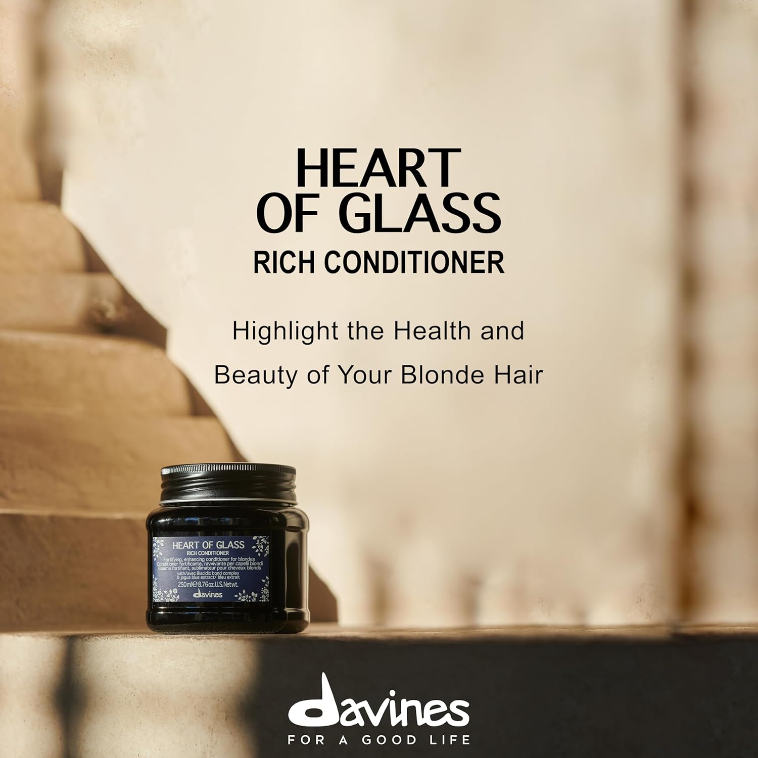 Davines Heart of Glass Rich Conditioner, Fortifying Treatment for Blonde & Silver Hair - Biacidic Bond Complex Repairs, Brightens & Nourishes with Jagua Blue Extract - Weightless Finish