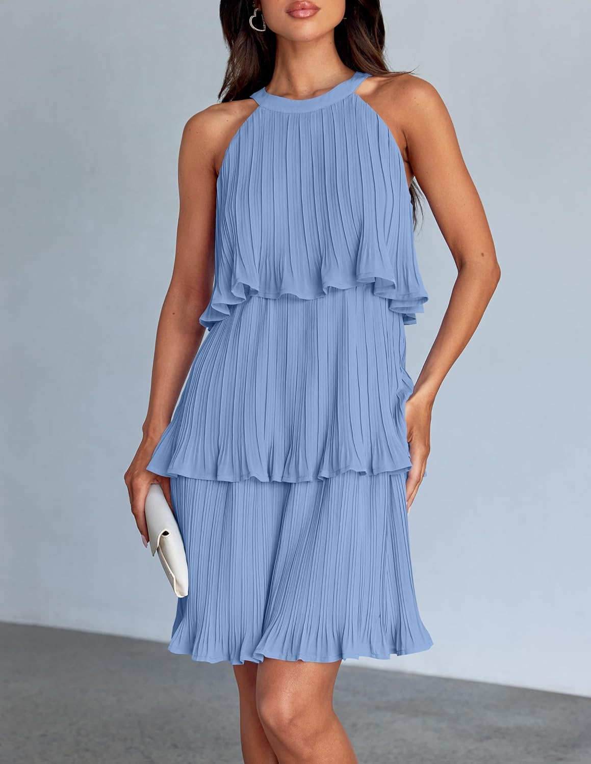 ZESICA Women's 2026 Summer Halter Dresses Sleeveless Ruffle Tiered Layered Chiffon Pleated A Line Swing Mini Dress - Image 9