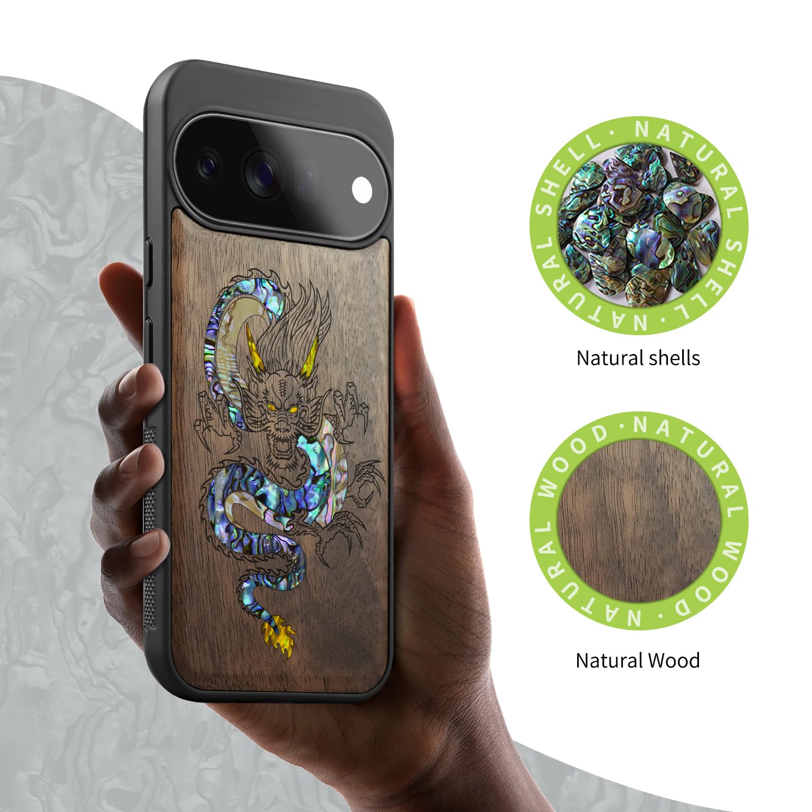 Carveit Madera Funda para Google Pixel 11 (Nogal-El dragón Oriental)