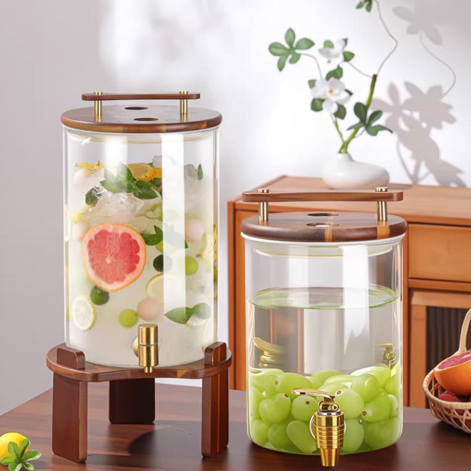 Dispensador de bebidas con grifo, decantador de barril de vidrio de 2,5 L con soporte de madera para eventos al aire libre y uso diario