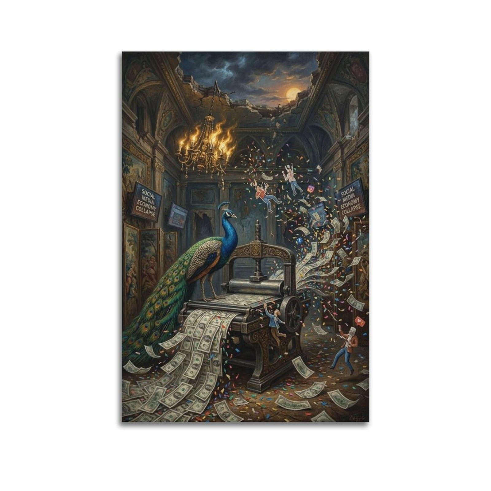XKUGA Surreal Vintage Animal Poster Peacock Vanity Economy Satire Modern Decorative Canvas Prints - Ideal Wall Art for Family, Man Cave, Game Room, Boys & Girls Bedroom 12x18inch(30x45cm)