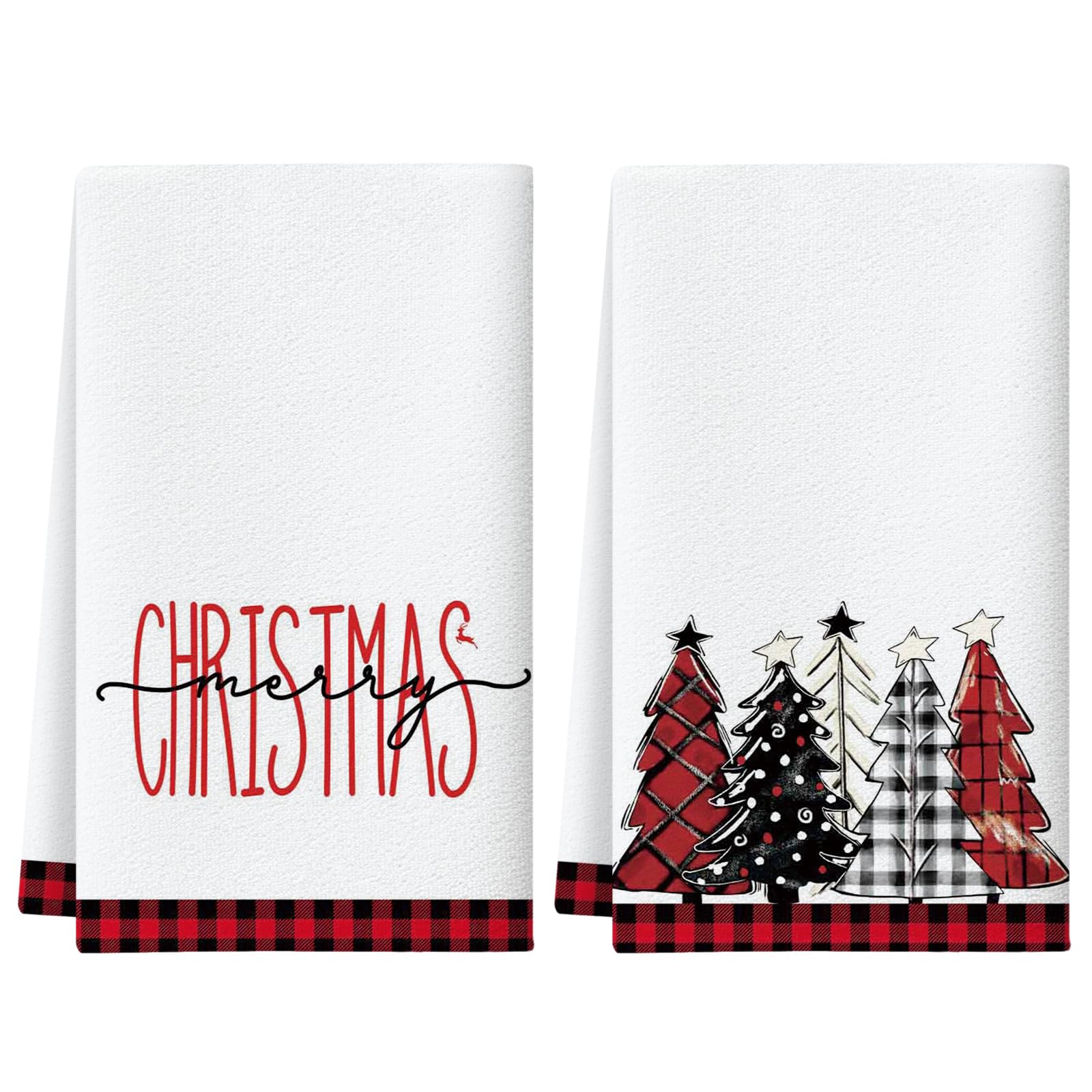 Artscope Merry Christmas Black Red Buffalo Plaid Kitchen Towels Dish Towels 45x66 cm, Set of 2 Christmas Trees Winter Decoration Hand Towels for Cleaning Cute Design Home Decor