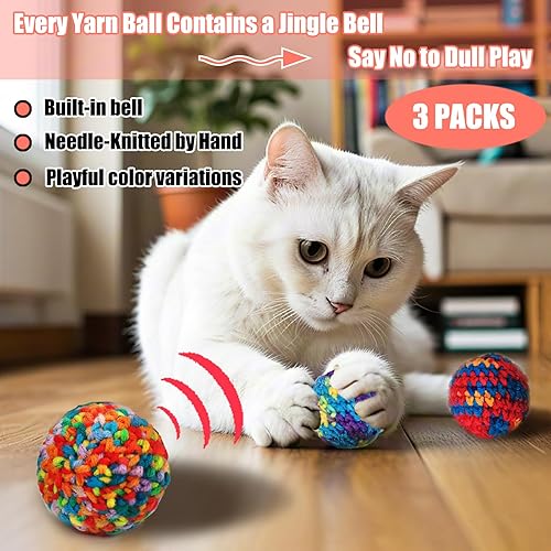 Miniatura 3 de Paquete de 6 bolas de juguete para gatos, 3 bolas de cascabel y 3 bolas suaves con pompones, juguetes interactivos para gatitos para cazarpatear,