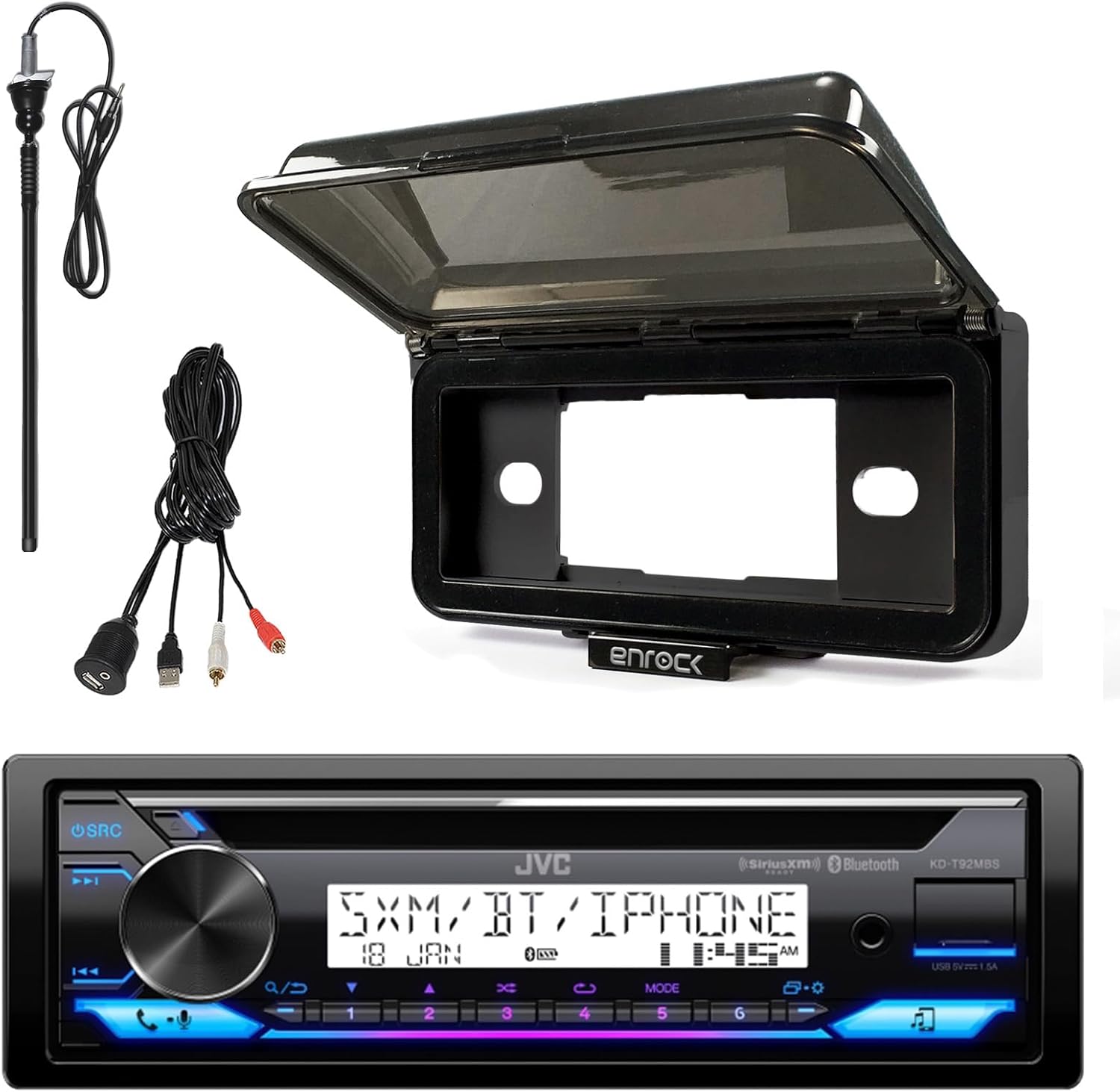 Single DIN Marine Bluetooth Stereo CD Receiver, Radio Cover, USB/AUX Adapter, Long Range AM/FM Radio Antenna