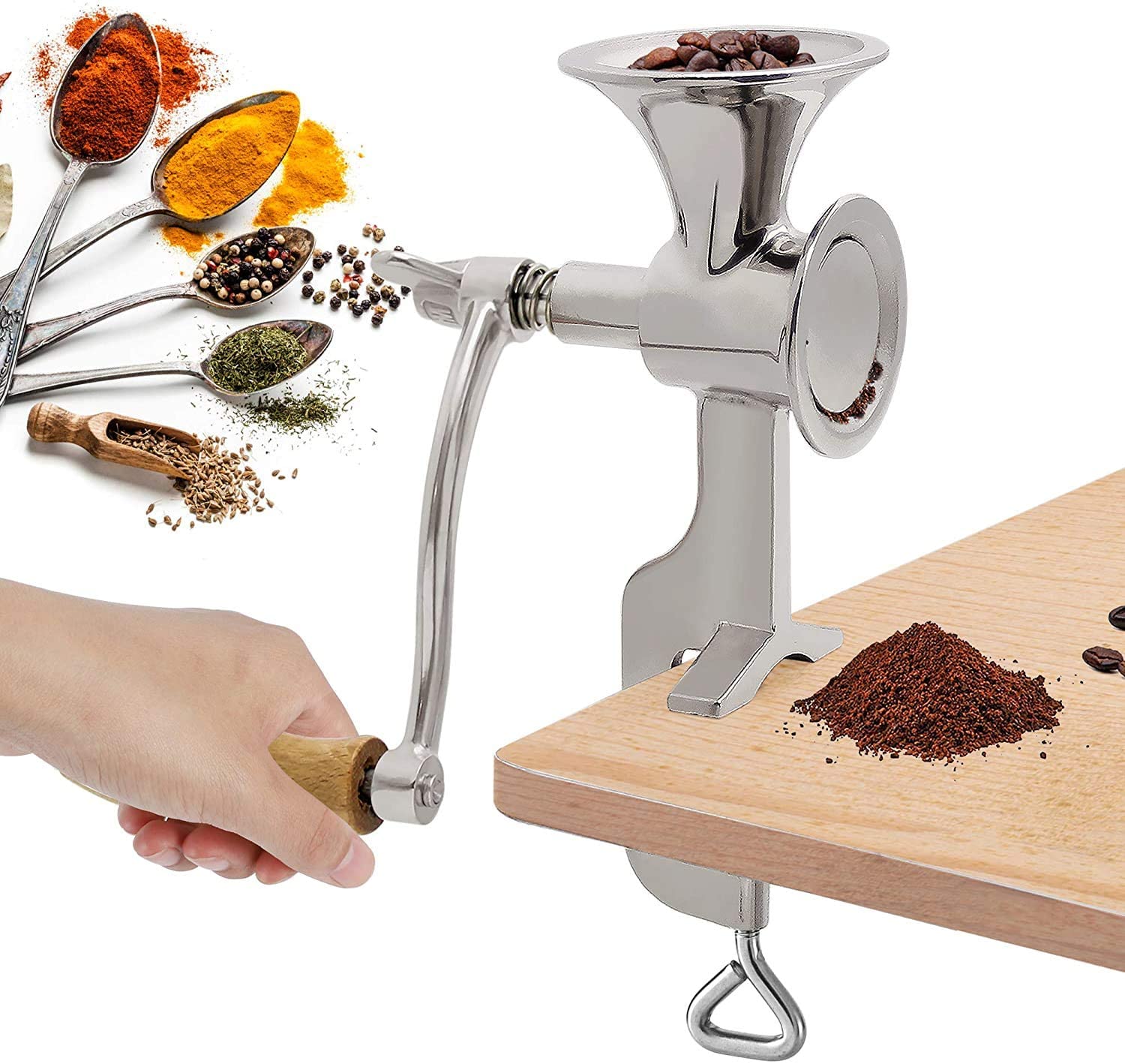 Molinillo de Grano Manual de Acero Inoxidable, Molinillo de café Manual con diseño de Abrazadera para encimera, Molinillo de Trigo con Mango de Madera Multiusos