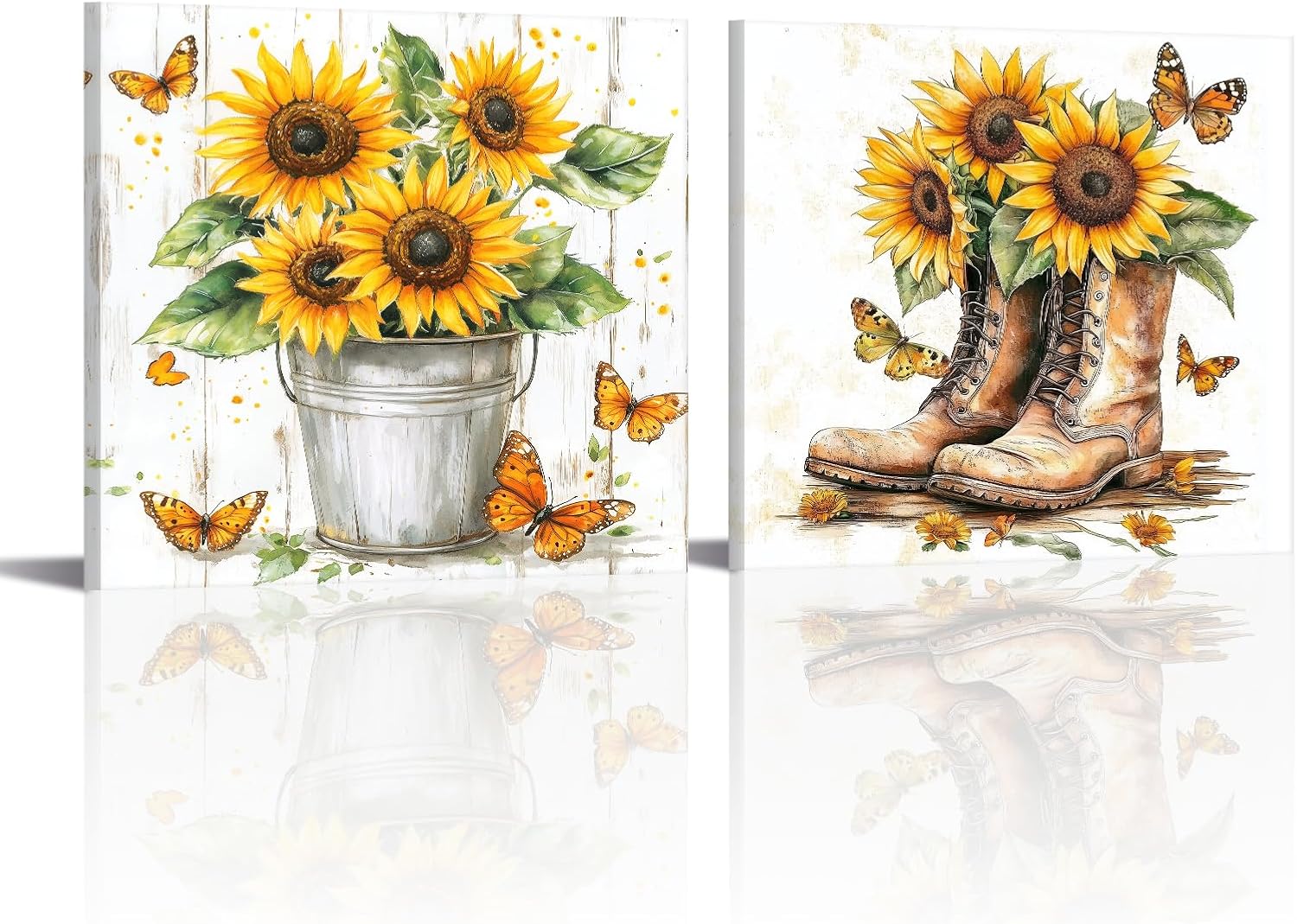 PLIDAAYO Rustic Sunflower Wall 2 Piece Yellow Wildflower Boots Poster Butterfly Flower Picture Farmhouse Country Floral Canvas Print Painting for Living Room Bethroom Home Decor(Flo-03,24"x24"x2)