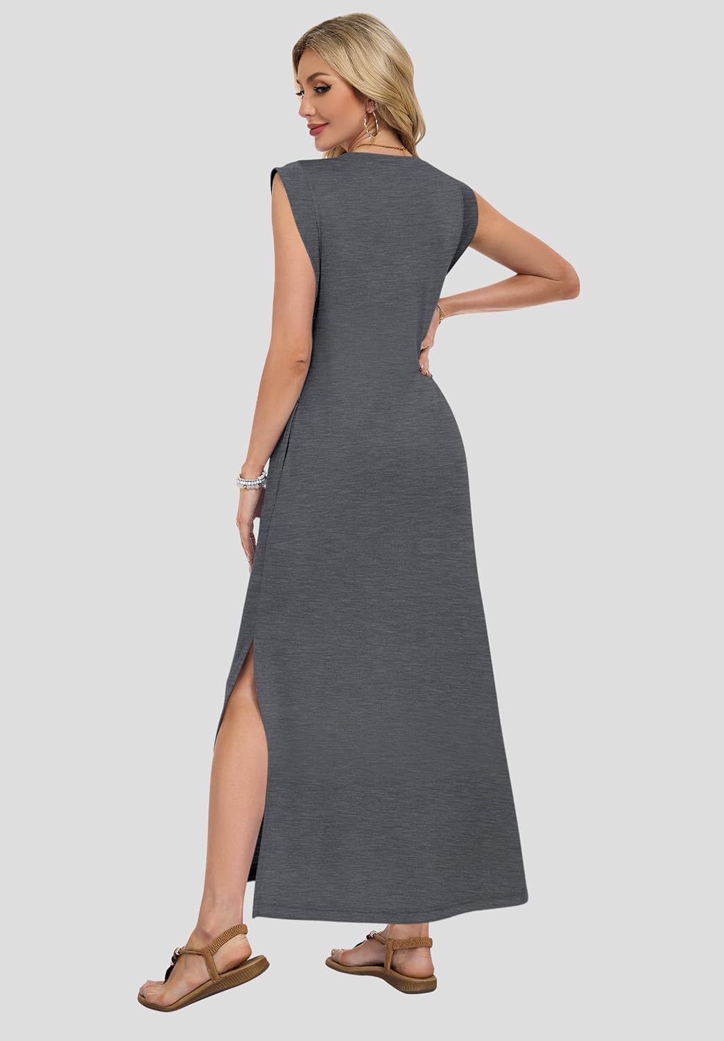 AUSELILY Women's V Neck Maxi Dresses, Straight-Cut Wrinkle-Free, Summer Split Sleeveless Vacation Dress with Pockets 2026 - Image 5