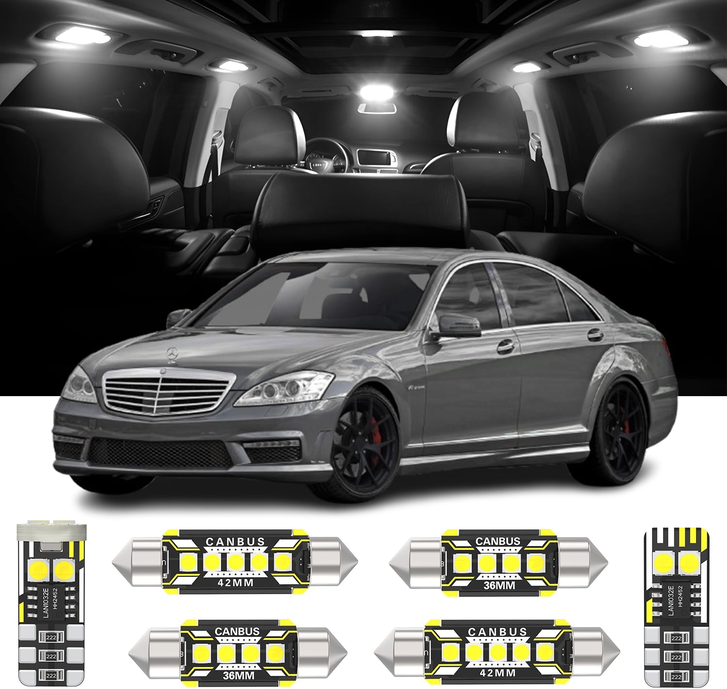 24 Pieces Interior LED Lights Replacement for Mercedes Benz S-Class W221 2006-2013 White LED Interior Bulb with Install Tool