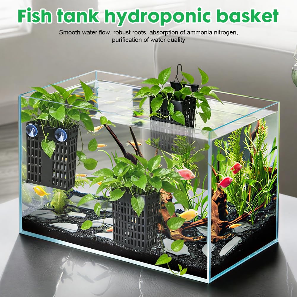 4 Stück Aquarium Pflanzenhalter, Höhenverstellbare Aquaponik Pflanzhalterung mit Saugnapf & Teleskop-Haken, Hängender Pflanztopf für Aquascaping, Aquarium Pflanzenzucht Deko Zubehör Schwarz