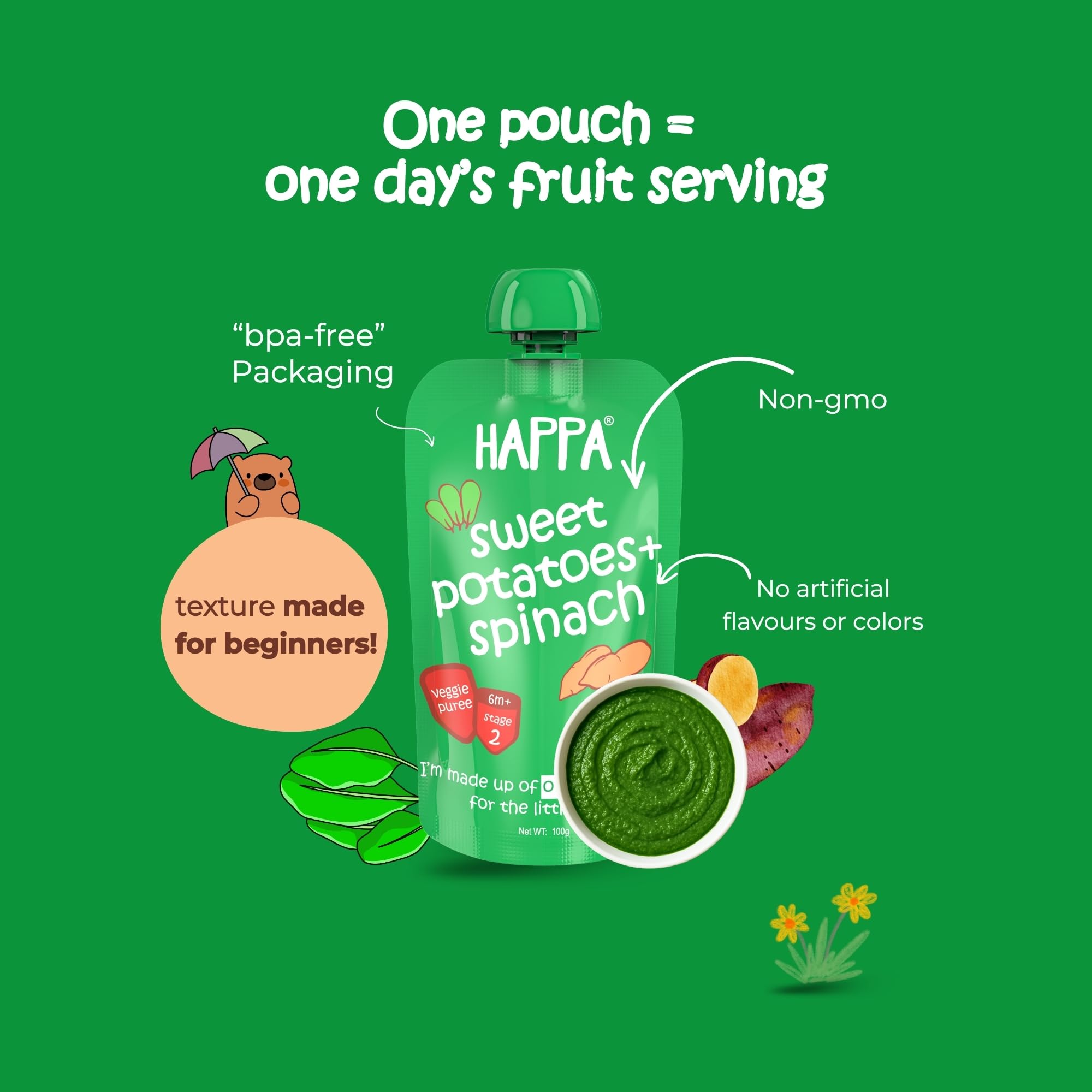 Happa Organic Baby Food Sweet Potato and Spinach Puree | 100% Fruits and Vegetables | No Added Sugar, No Milk Powder, No Preservatives | Stage 2 (6 Months+) | Ready to Eat | Free from Common Allergens | Pack of 1 (100g Each) 2