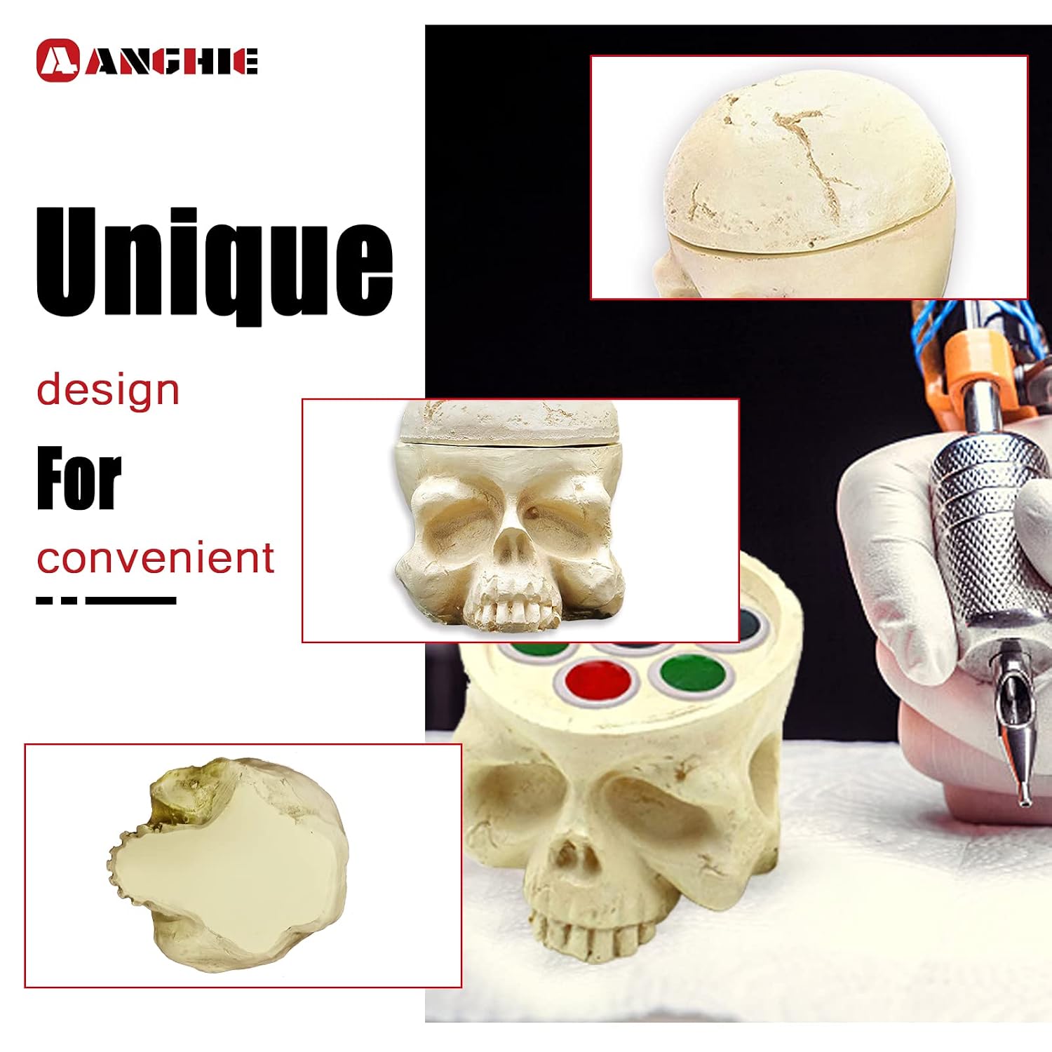 1Pcs 7 Holes Tattoo Ink Cup Holder Hard Skull Resin and 100pcs #15 Large Tattoo Ink Caps Ink Holder for Tattoo Artist Gift Tattoo Supplies