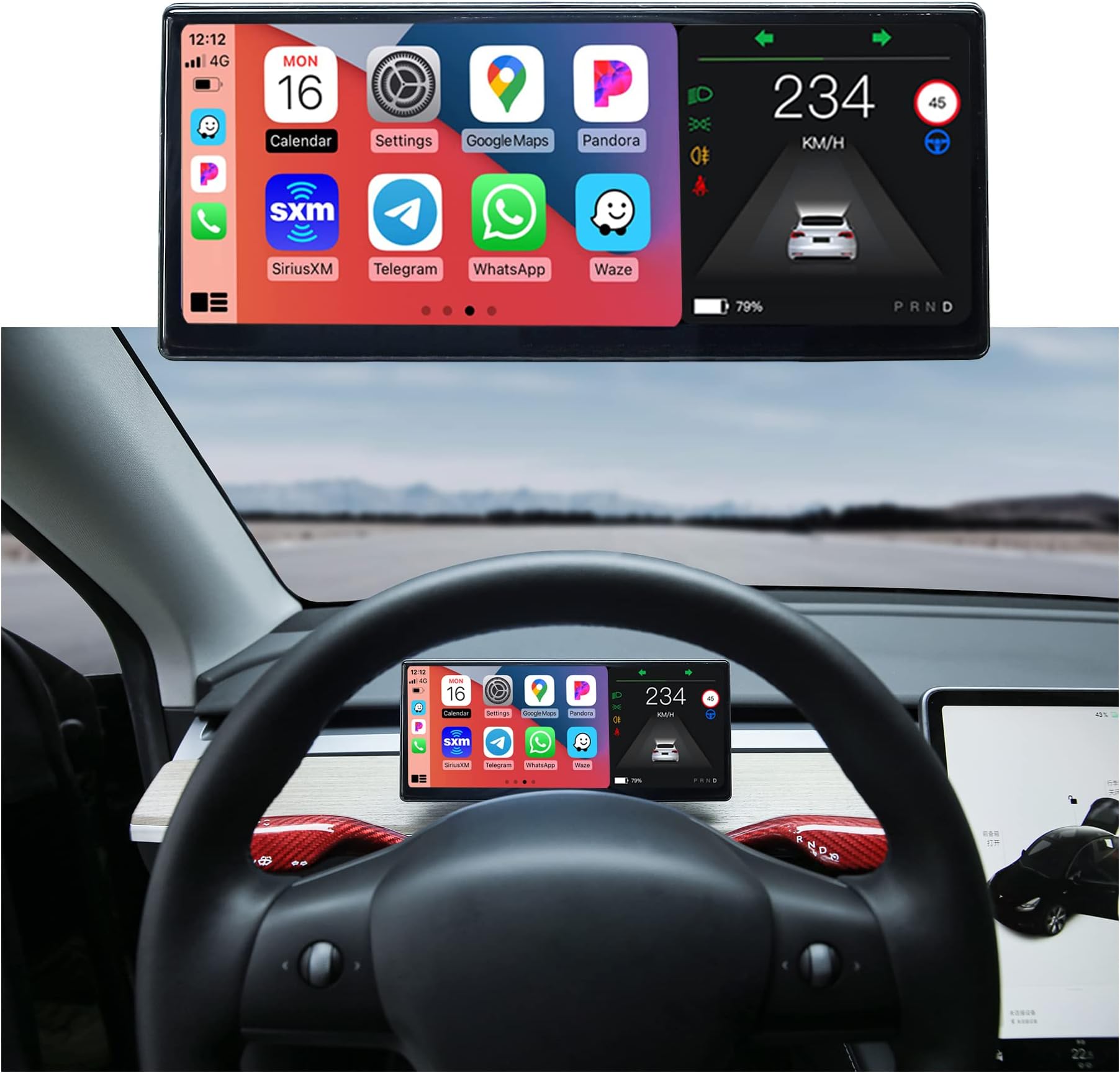 Tesla Carplay Model Y/3 2019-2023 Tesla Heads Up Display OTA Upgrade Multiple Theme UI Tesla AMD Ryzen Performance Android Auto Tesla HUD 9 Inch HD Resolution IPS Touch Screen